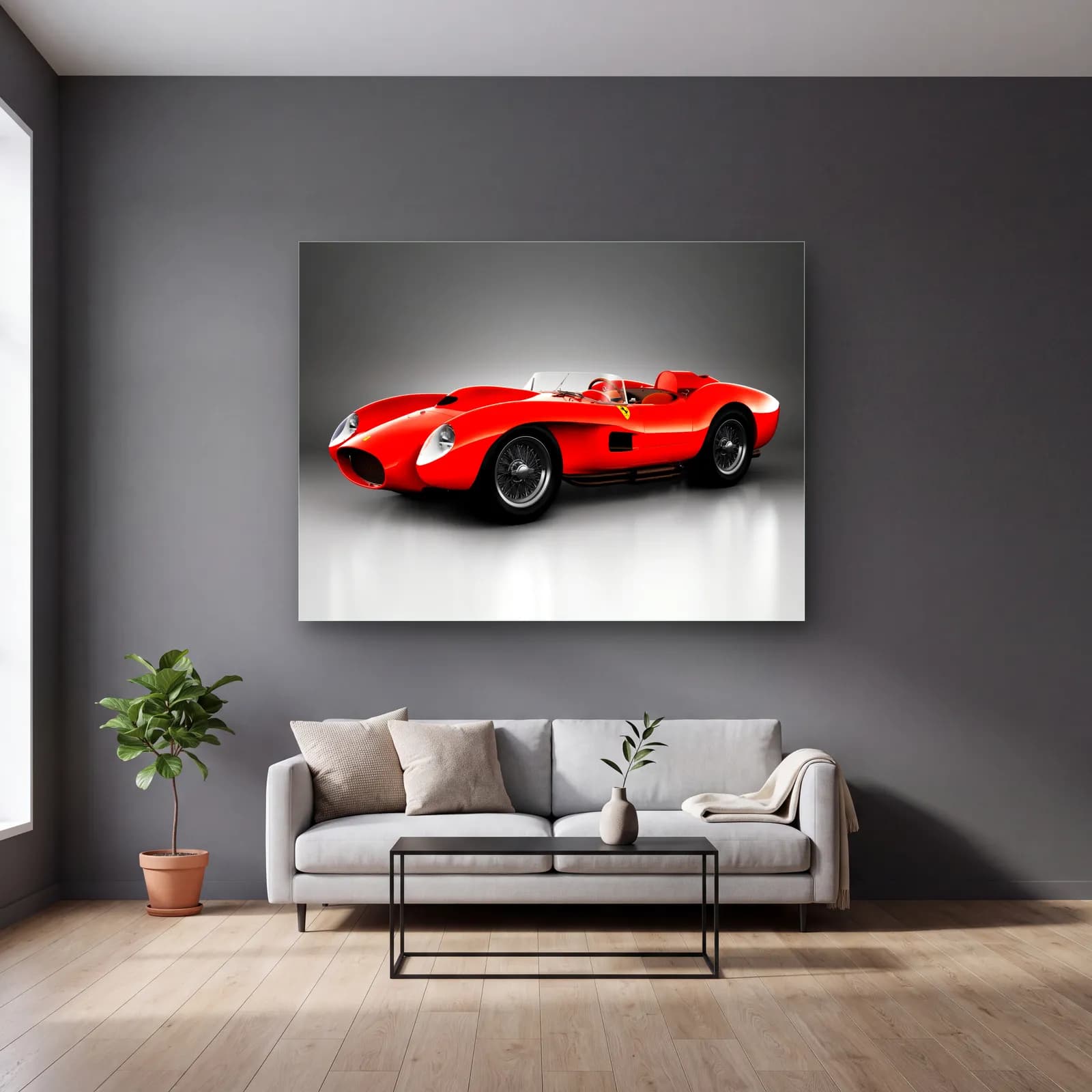 Kırmızı Ferrari 250 Testa Rossa cam tablo — gri duvarlı salonda