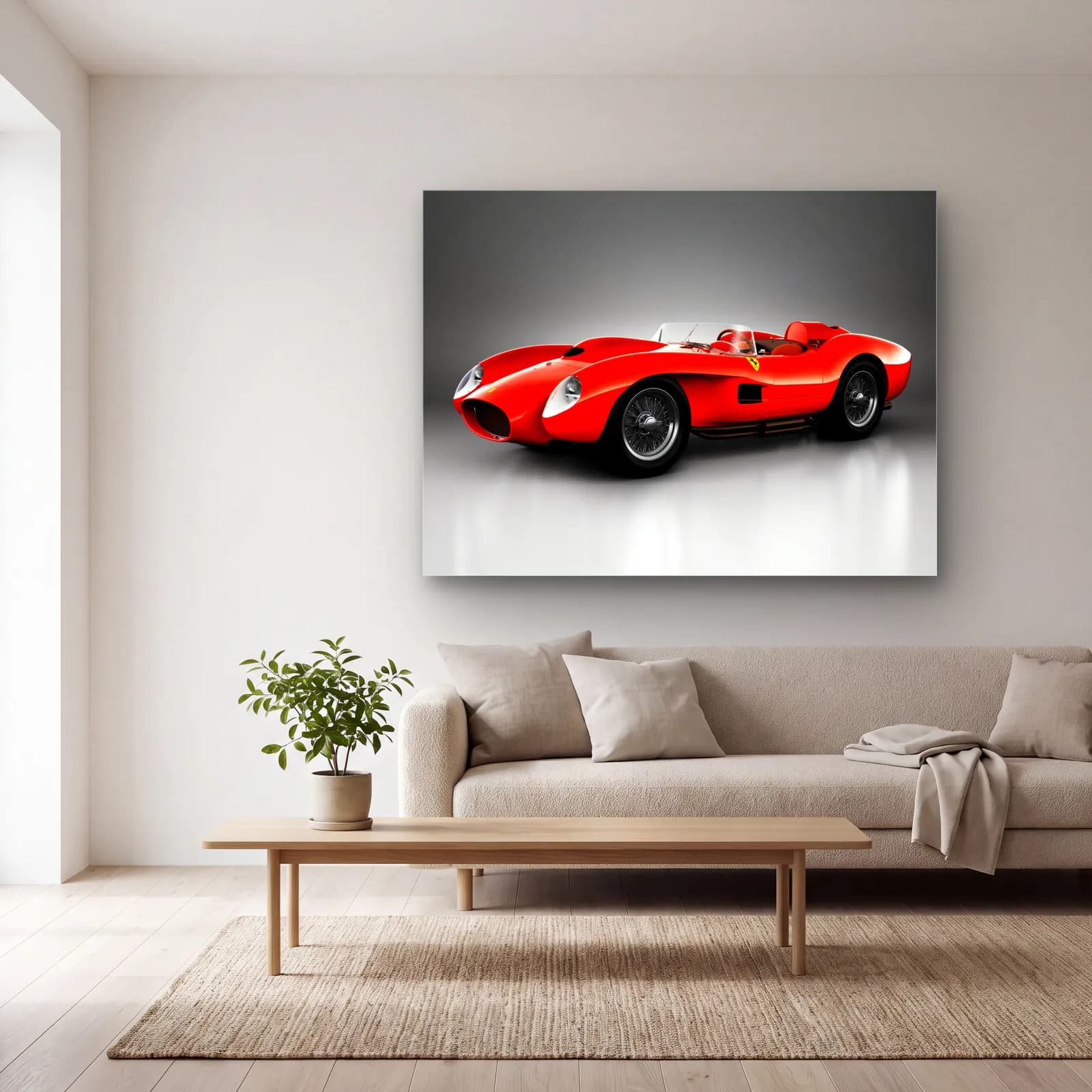 Kırmızı Ferrari 250 Testa Rossa cam tablo — açık renk salonda