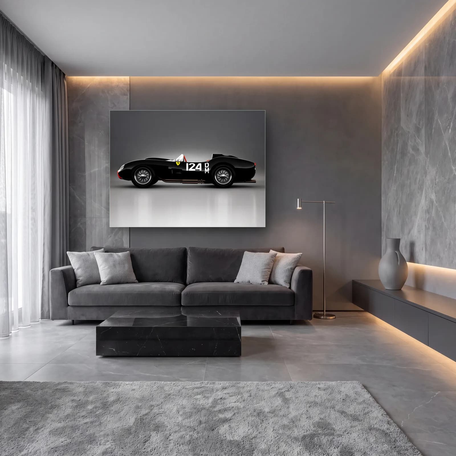 Siyah Ferrari 250 Testa Rossa cam tablo — lüks salon duvarında