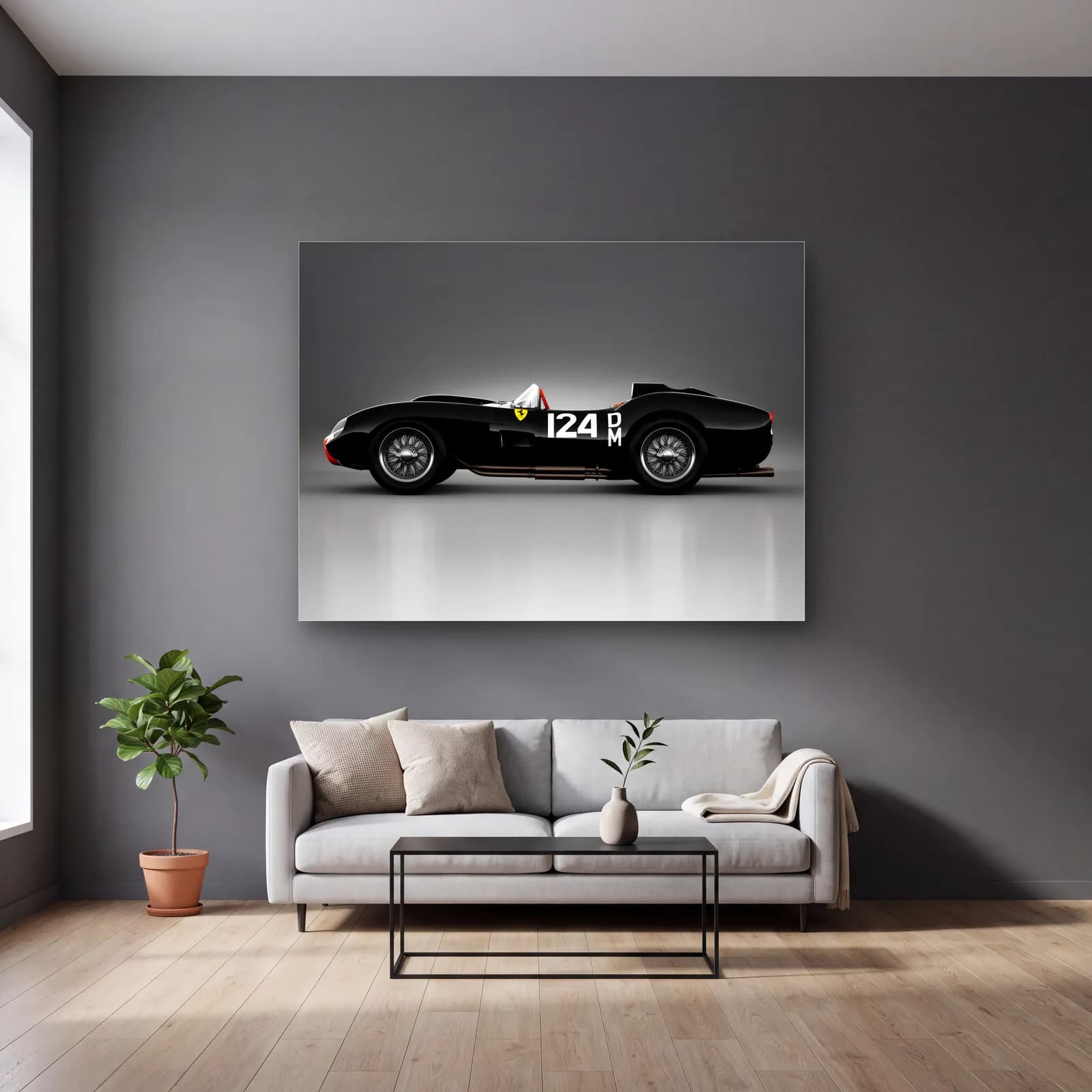 Siyah Ferrari 250 Testa Rossa cam tablo — gri duvarlı salonda