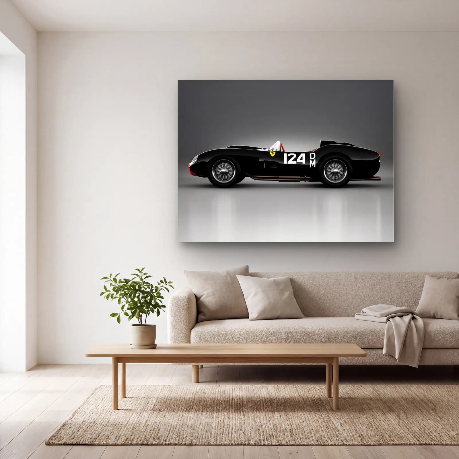 Siyah Ferrari 250 Testa Rossa cam tablo — açık renk salonda