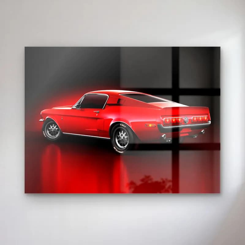 Kırmızı Ford Mustang Fastback cam tablo — Kırmızı ışıklı koyu fonda arkadan çapraz görünen kırmızı klasik Ford Mustang Fastback