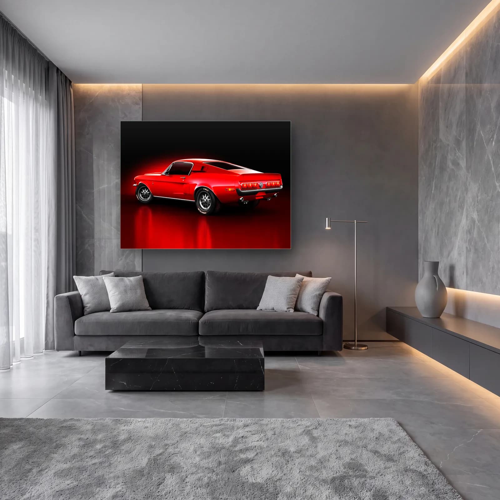 Kırmızı Ford Mustang Fastback cam tablo — lüks salon duvarında