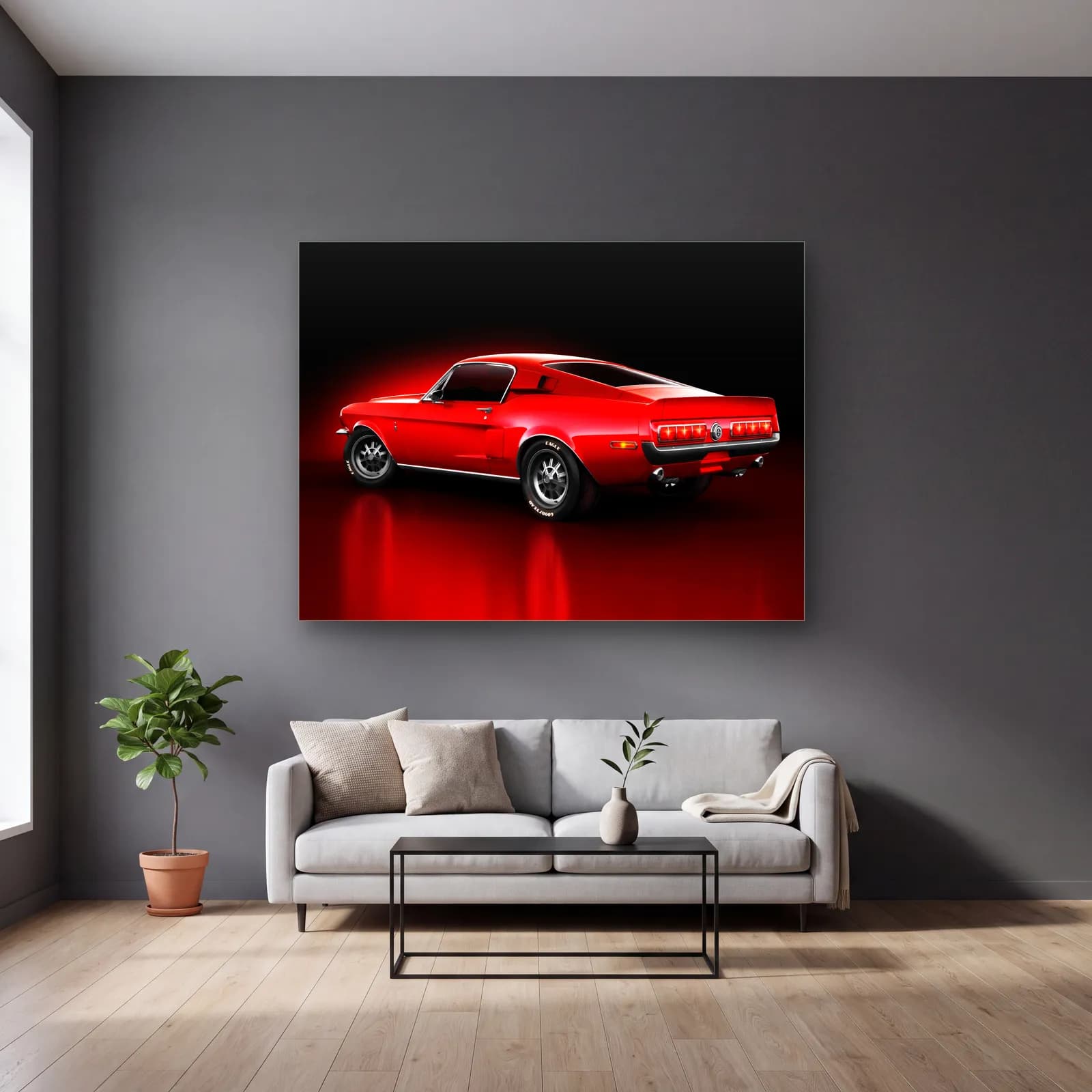 Kırmızı Ford Mustang Fastback cam tablo — gri duvarlı salonda