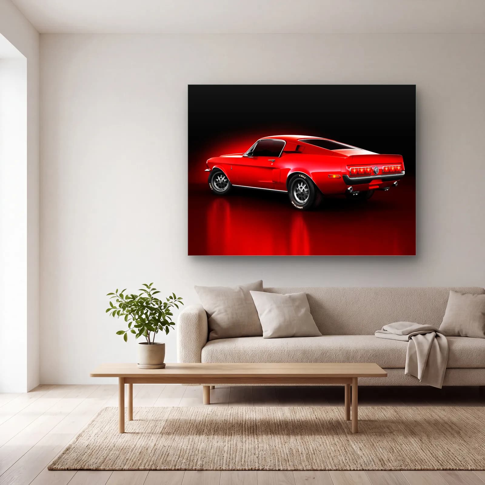Kırmızı Ford Mustang Fastback cam tablo — açık renk salonda