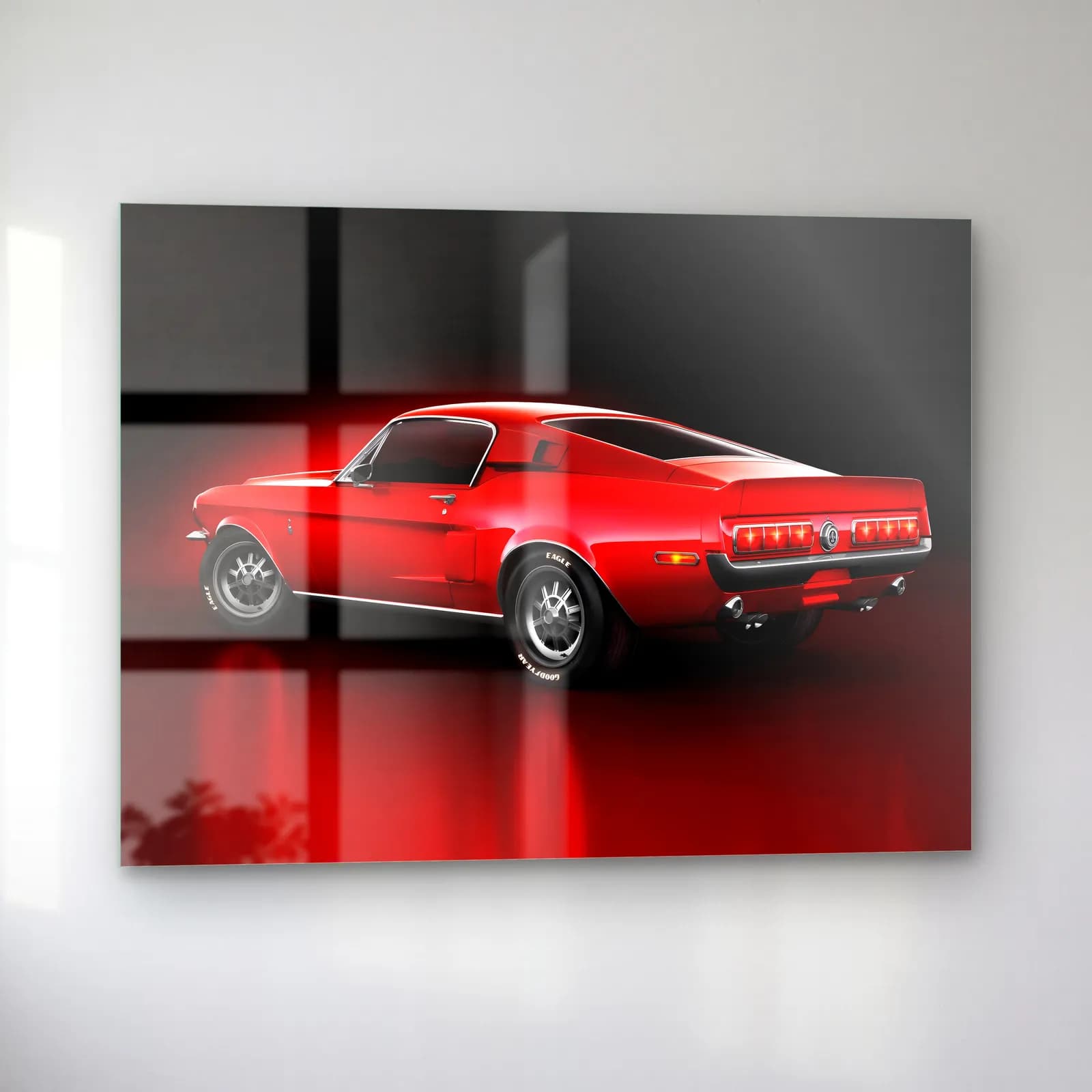 Kırmızı Ford Mustang Fastback cam tablo — sol açıdan görünüm