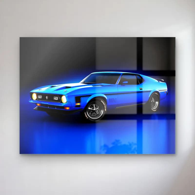 Mavi Ford Mustang Mach 1 cam tablo — Koyu fonda mavi neon ışıkla parlayan mavi klasik Ford Mustang Mach 1