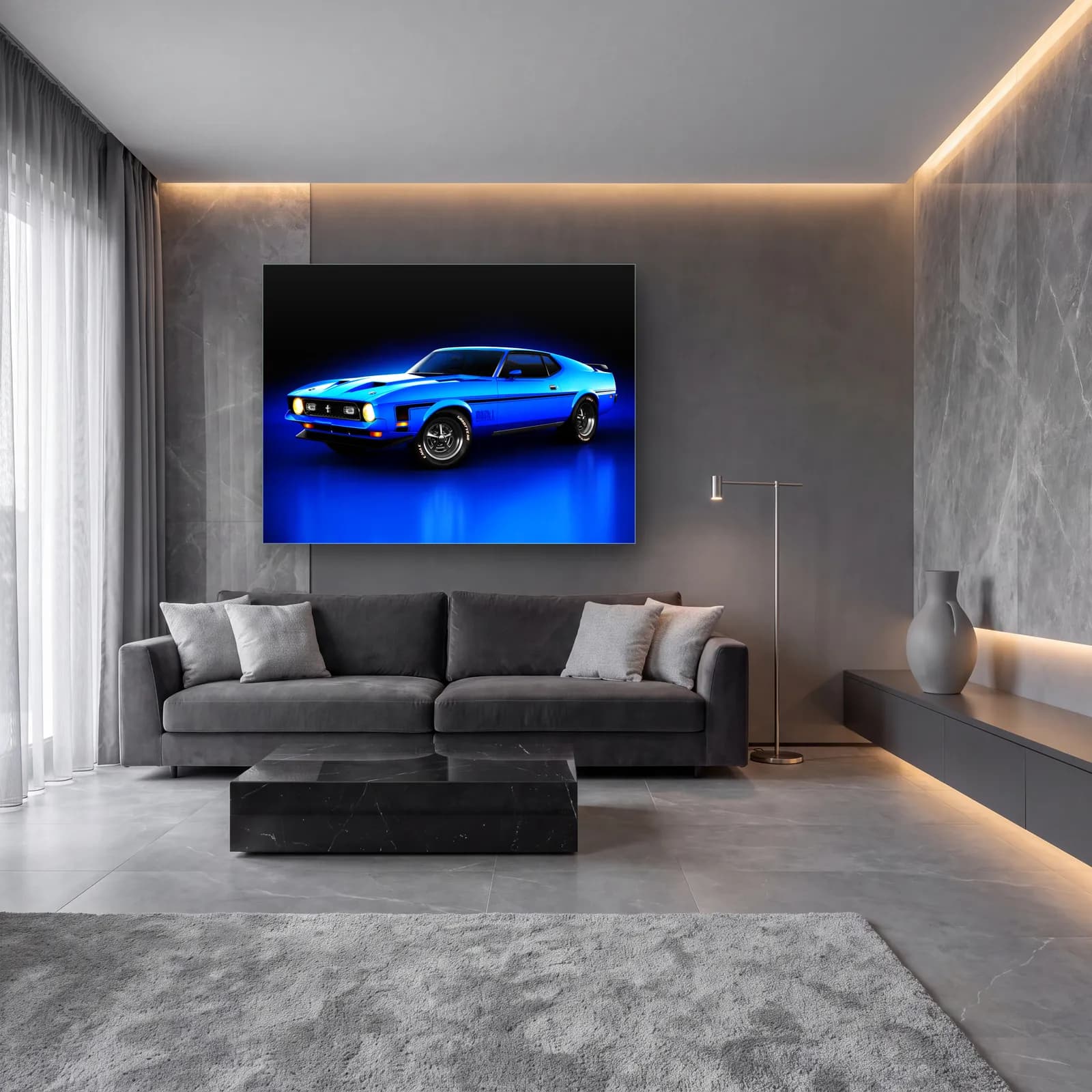 Mavi Ford Mustang Mach 1 cam tablo — lüks salon duvarında