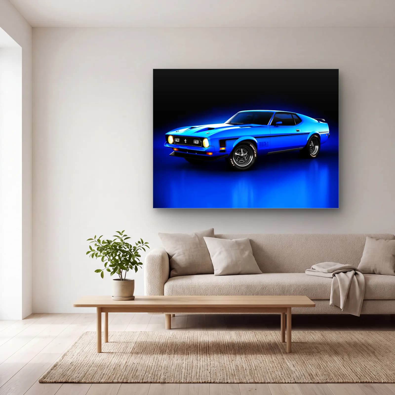 Mavi Ford Mustang Mach 1 cam tablo — açık renk salonda