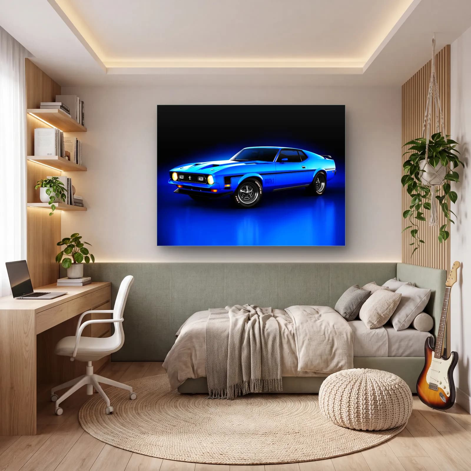 Mavi Ford Mustang Mach 1 cam tablo — genç odasında