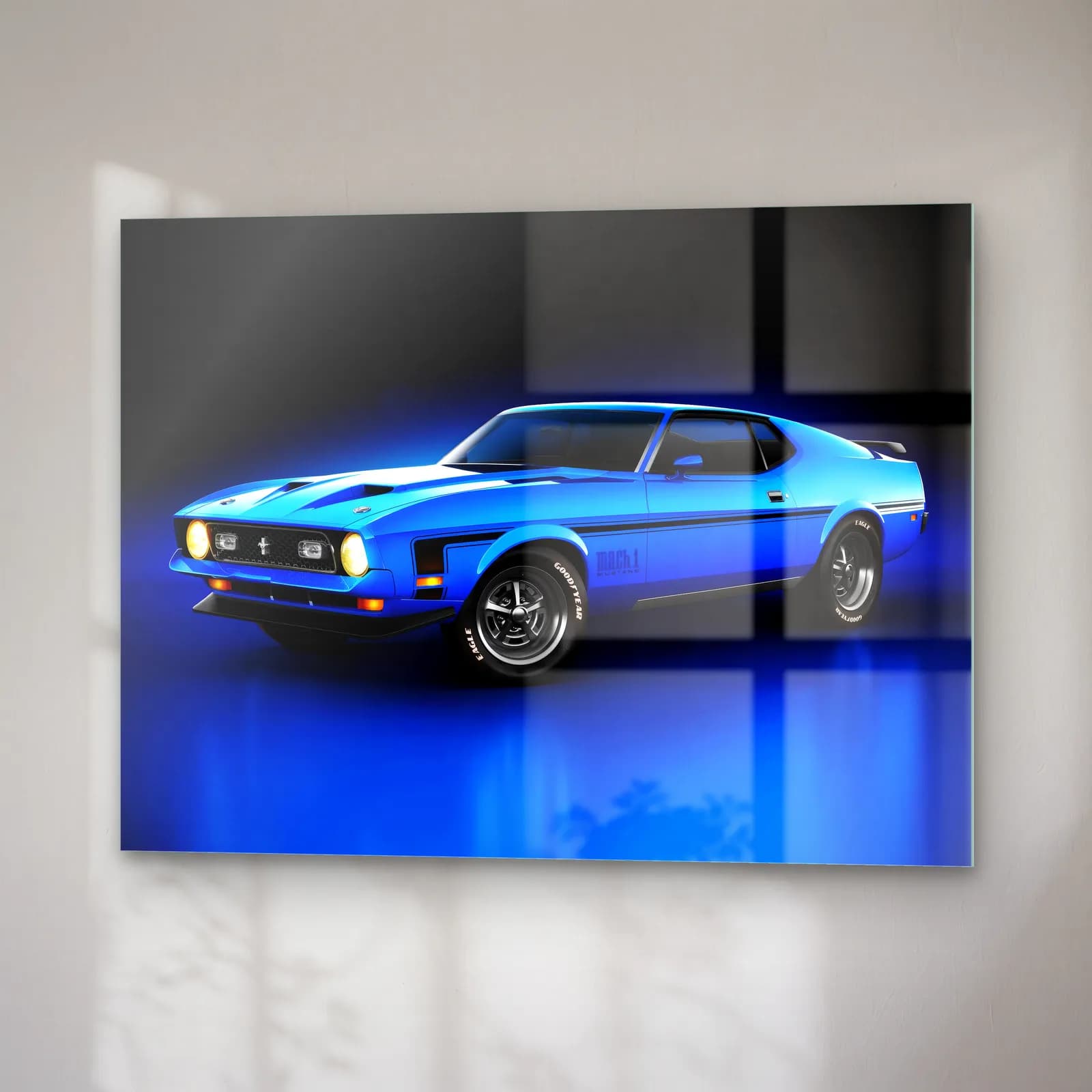 Mavi Ford Mustang Mach 1 cam tablo — sağ açıdan görünüm
