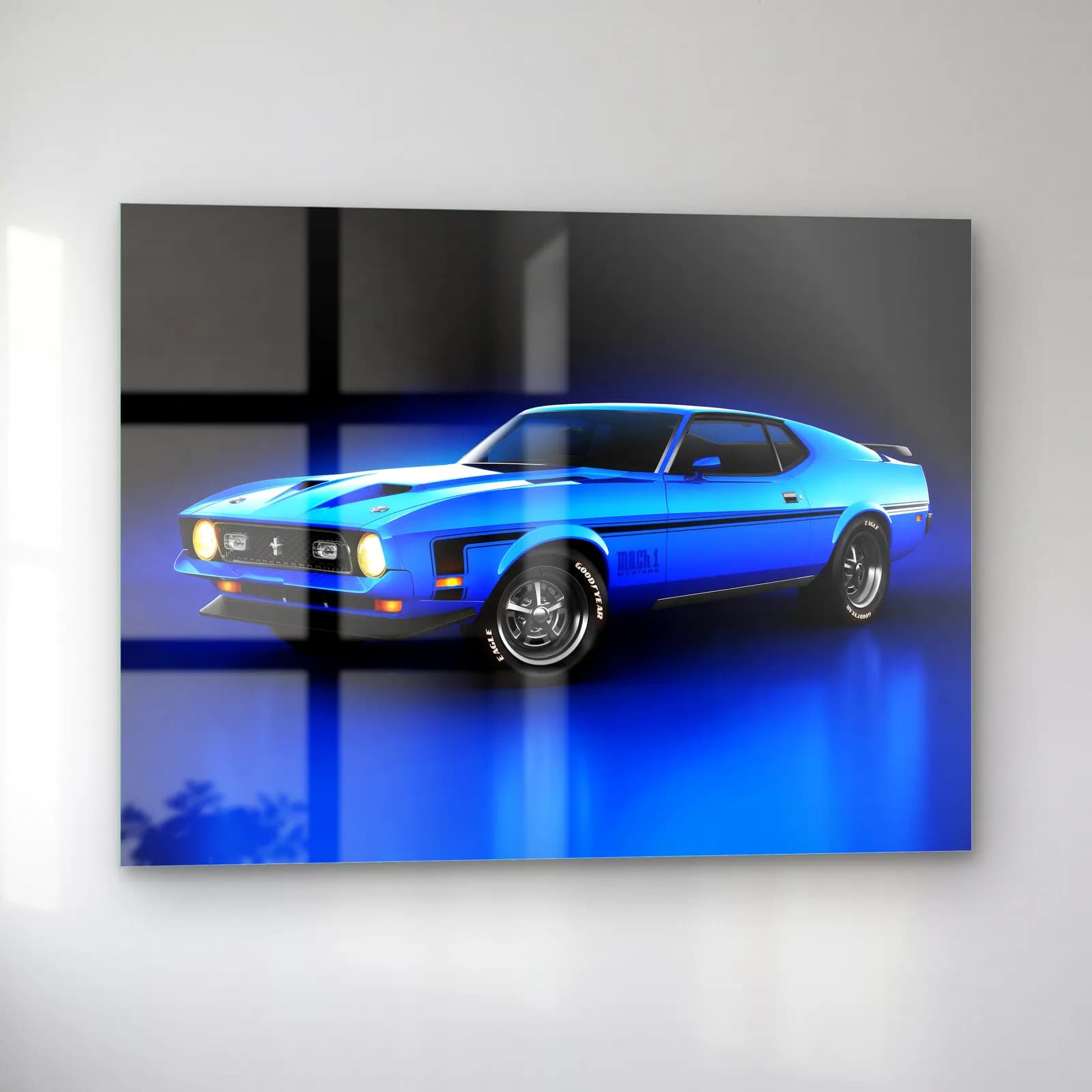 Mavi Ford Mustang Mach 1 cam tablo — sol açıdan görünüm