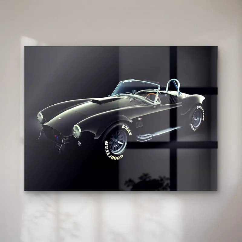 Siyah Shelby Cobra cam tablo — Siyah fonda çapraz açıdan görünen siyah üstü açık Shelby Cobra roadster