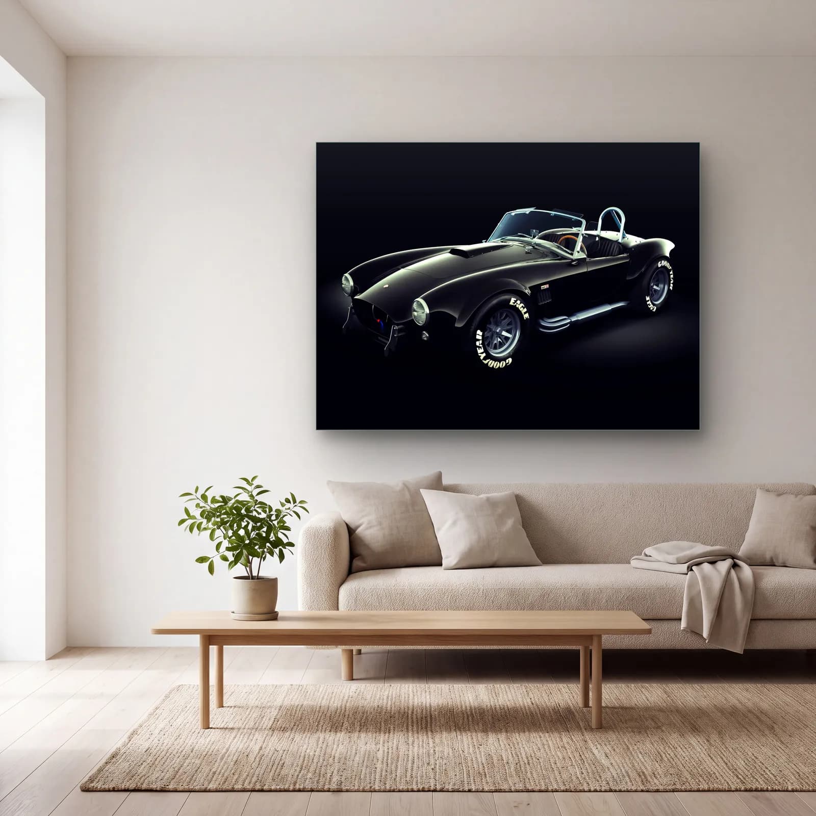 Siyah Shelby Cobra cam tablo — açık renk salonda
