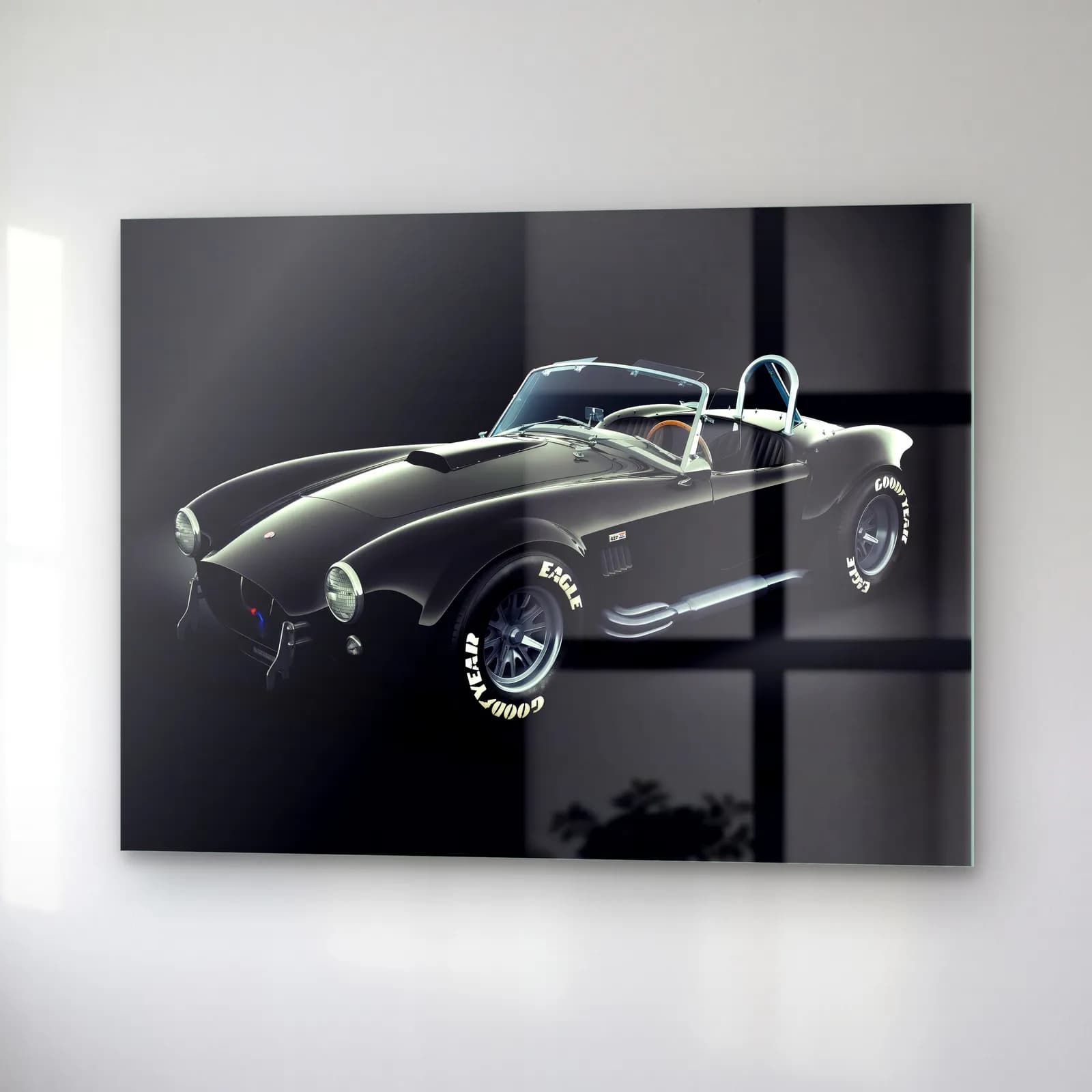 Siyah Shelby Cobra cam tablo — sağ açıdan görünüm