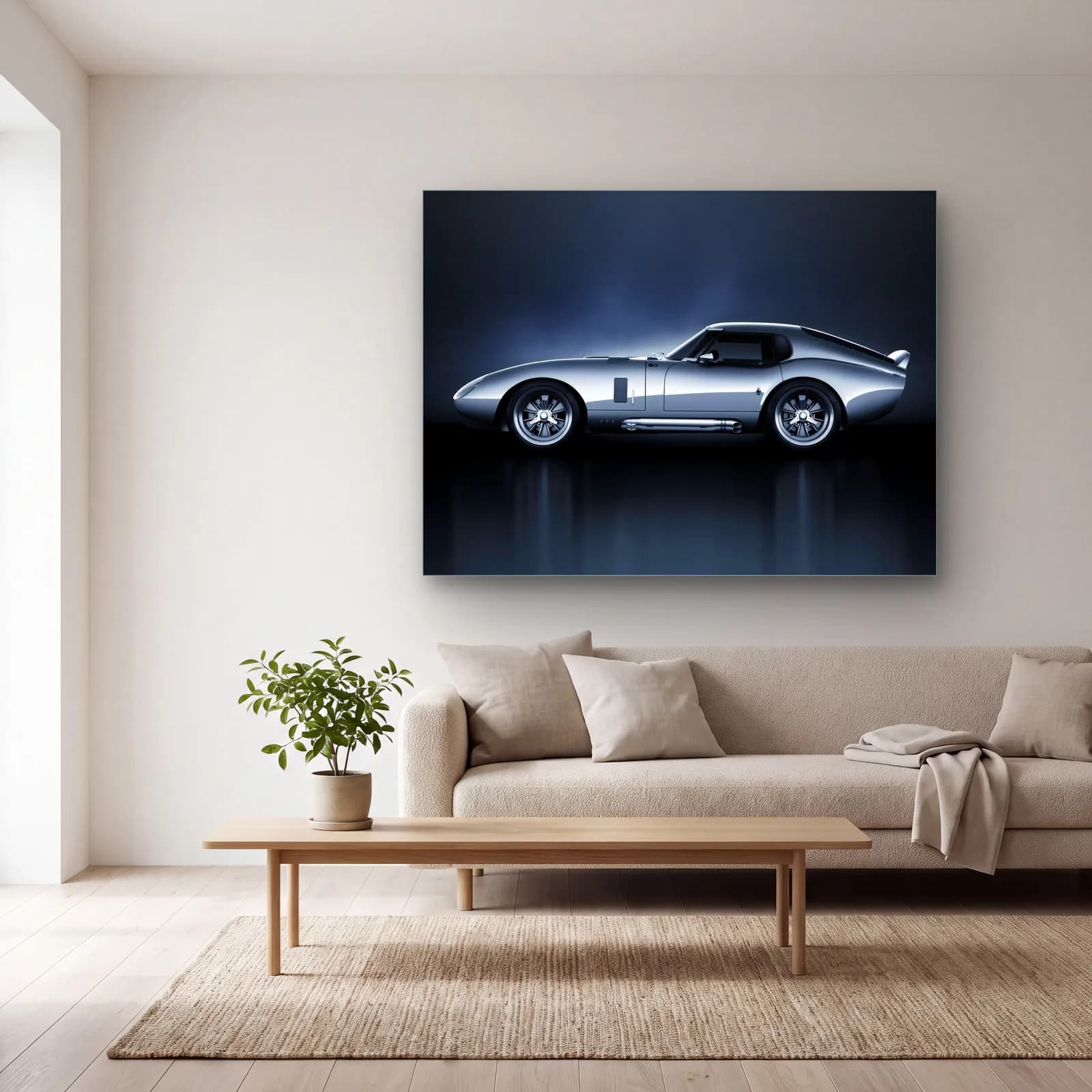 Gümüş Shelby Daytona Coupe cam tablo — açık renk salonda