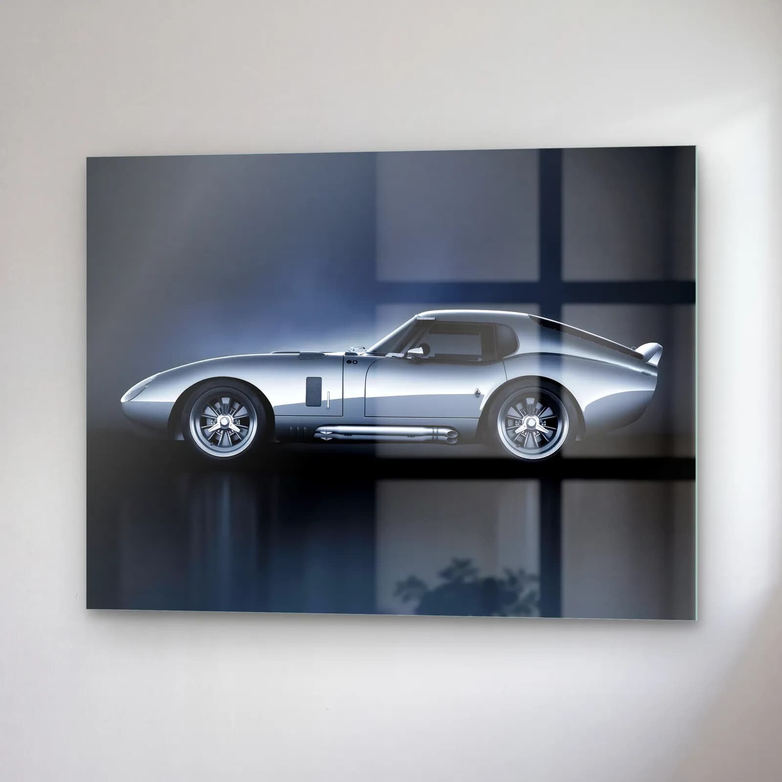 Gümüş Shelby Daytona Coupe cam tablo — sağ açıdan görünüm