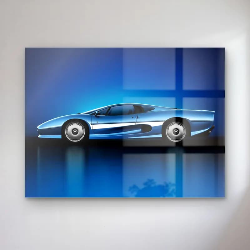 Mavi Jaguar XJ220 cam tablo — Mavi ışıklı fonda yansımasıyla duran açık mavi Jaguar XJ220
