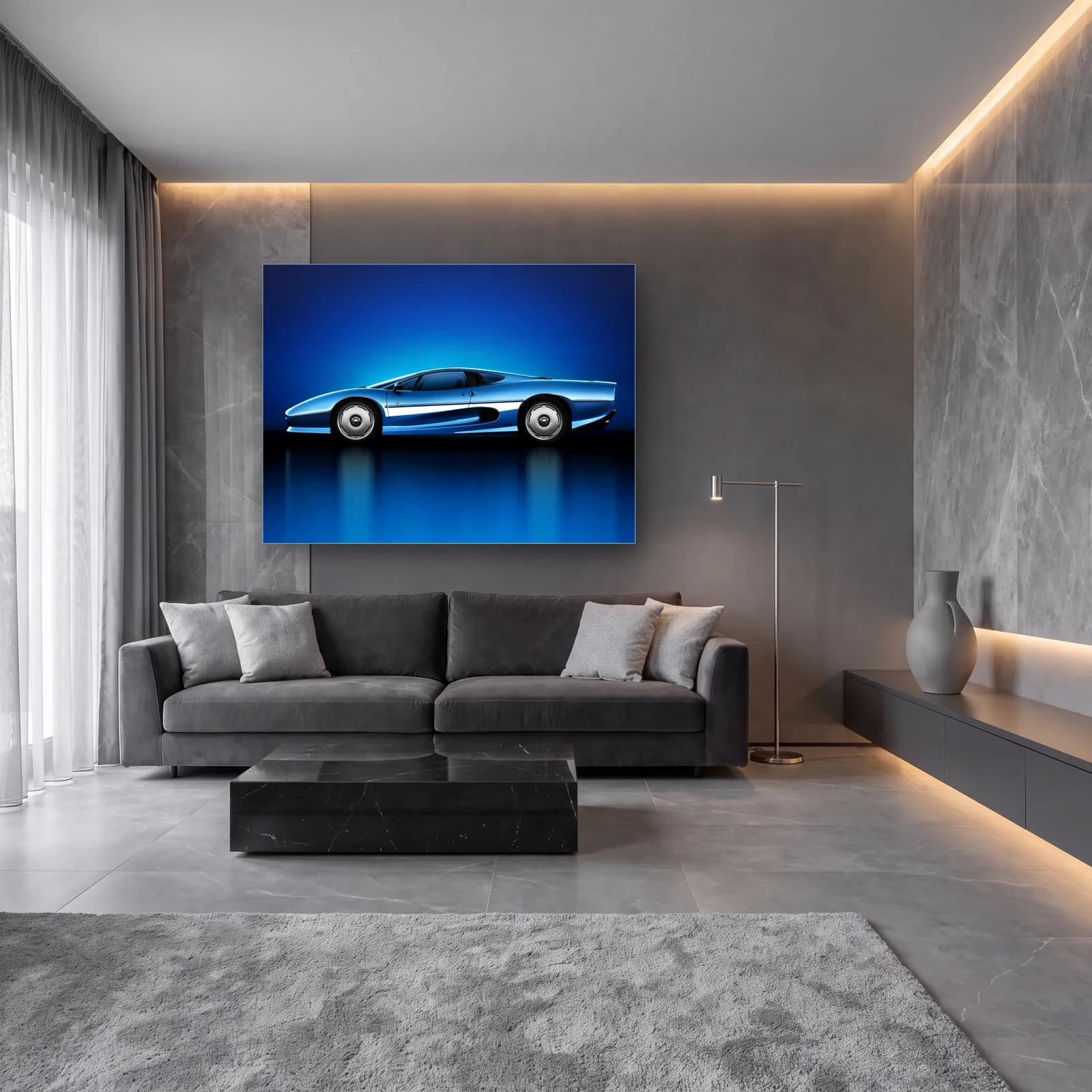 Mavi Jaguar XJ220 cam tablo — lüks salon duvarında