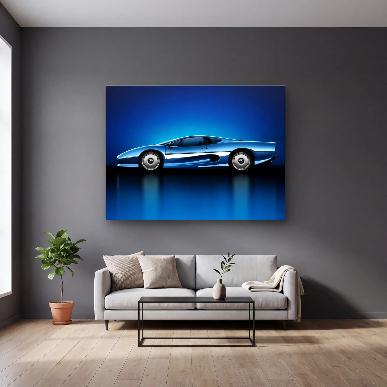 Mavi Jaguar XJ220 cam tablo — gri duvarlı salonda