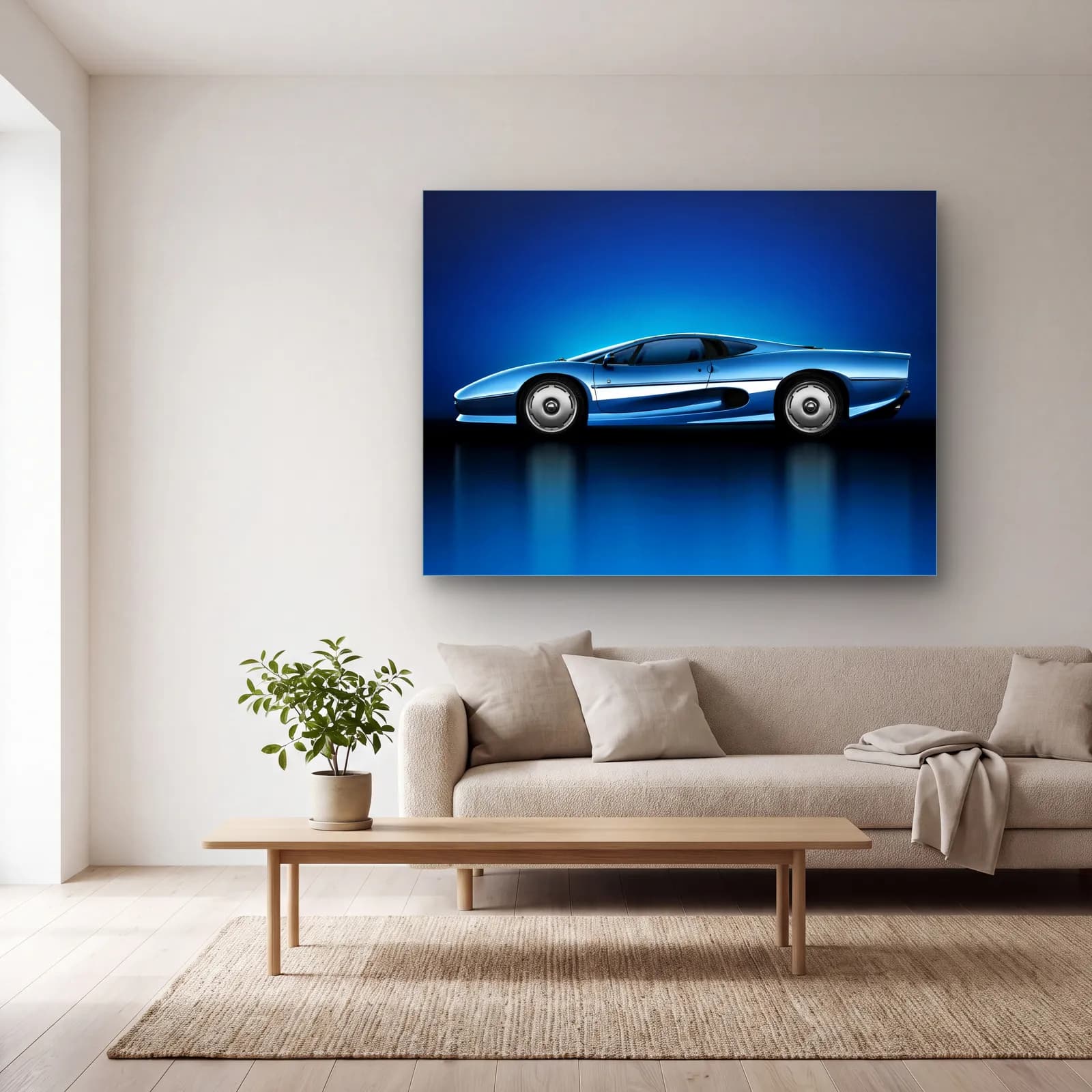 Mavi Jaguar XJ220 cam tablo — açık renk salonda