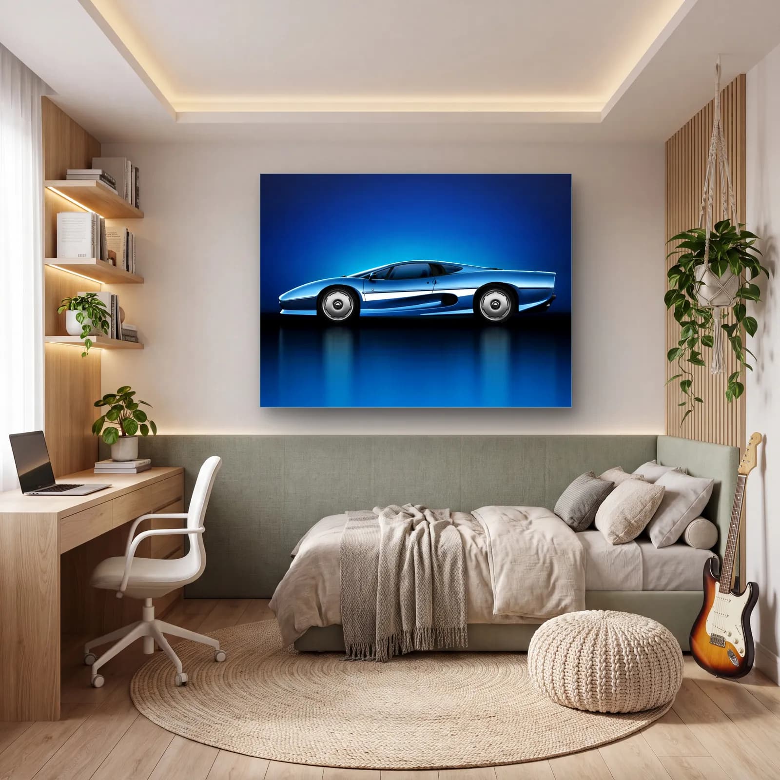 Mavi Jaguar XJ220 cam tablo — genç odasında