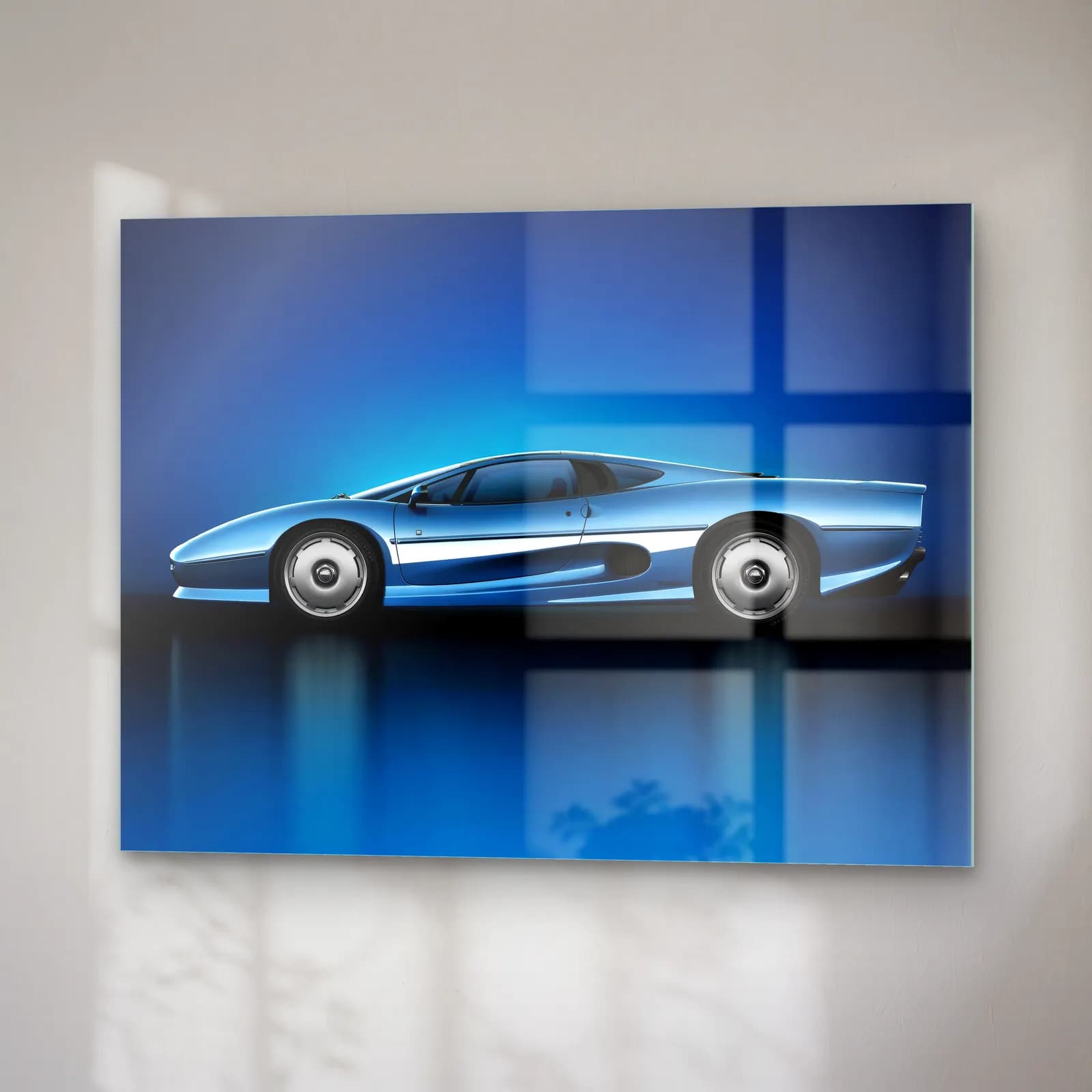 Mavi Jaguar XJ220 cam tablo — sağ açıdan görünüm