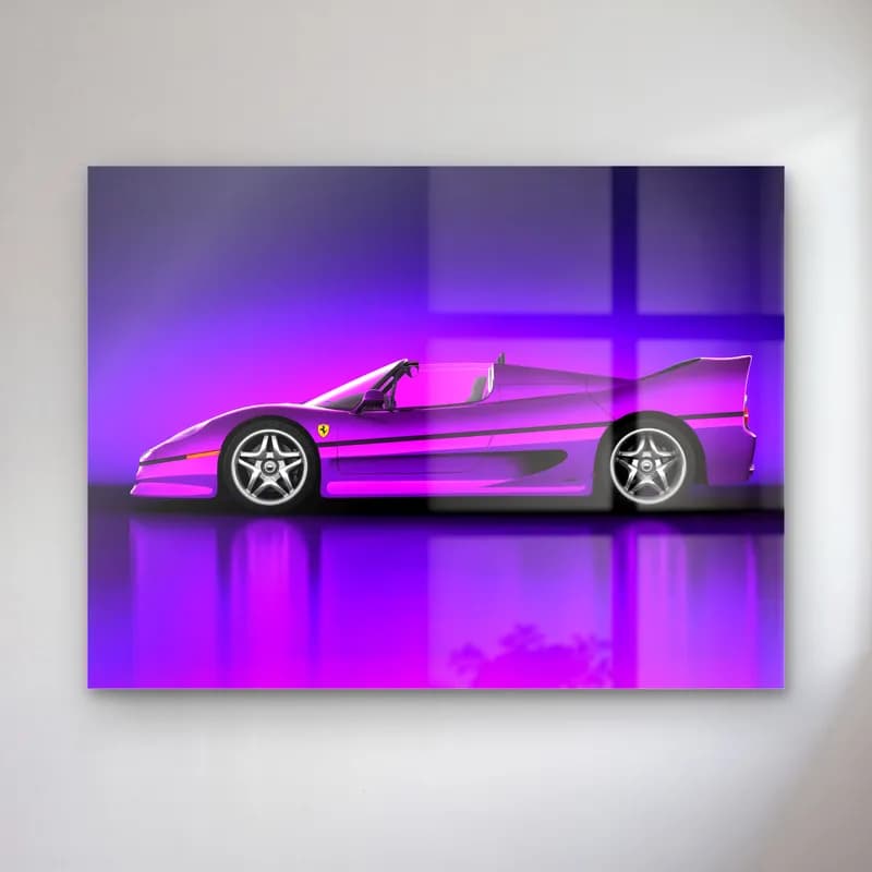 Mor Ferrari F50 cam tablo — Mor pembe neon fonda yan profilden görünen mor Ferrari F50