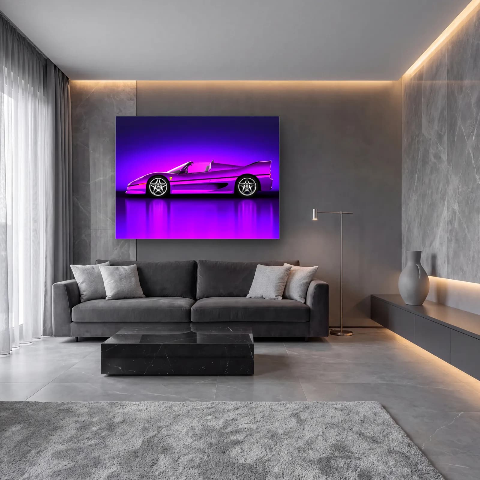 Mor Ferrari F50 cam tablo — lüks salon duvarında