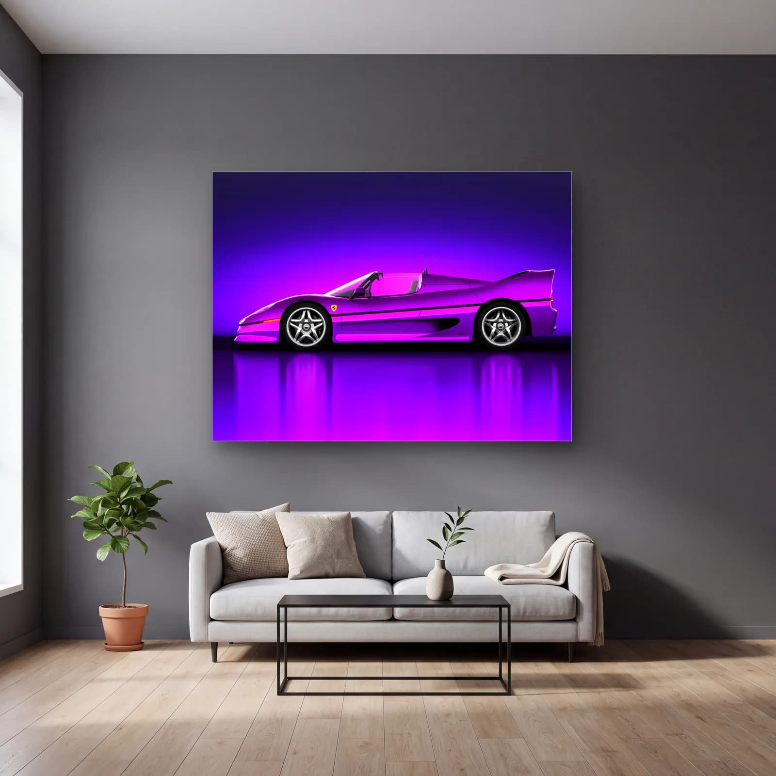 Mor Ferrari F50 cam tablo — gri duvarlı salonda