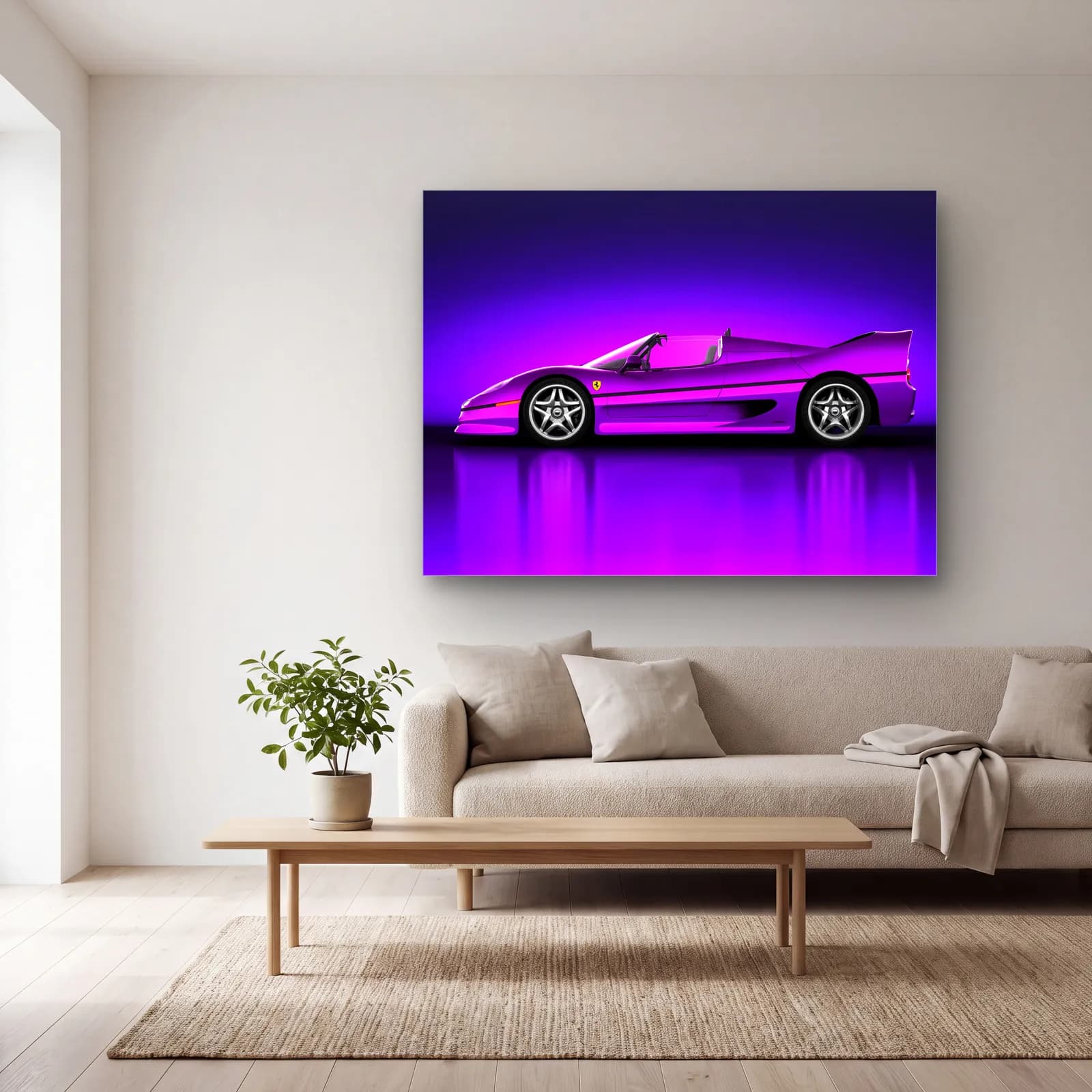 Mor Ferrari F50 cam tablo — açık renk salonda
