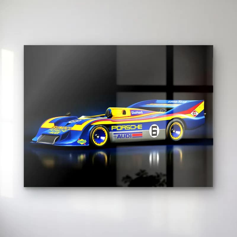 Porsche 917/30 Yarış Otomobili cam tablo — Koyu fonda mavi sarı renkli 6 numaralı Porsche 917/30 yarış otomobili