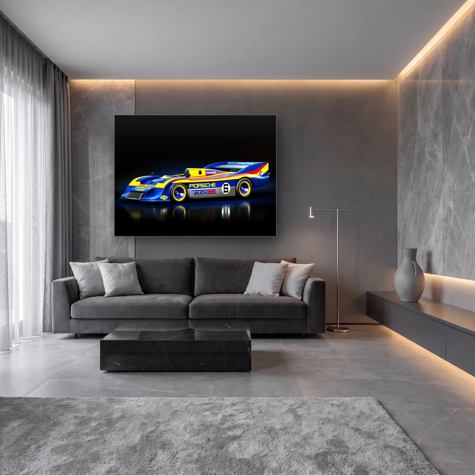Porsche 917/30 Yarış Otomobili cam tablo — lüks salon duvarında