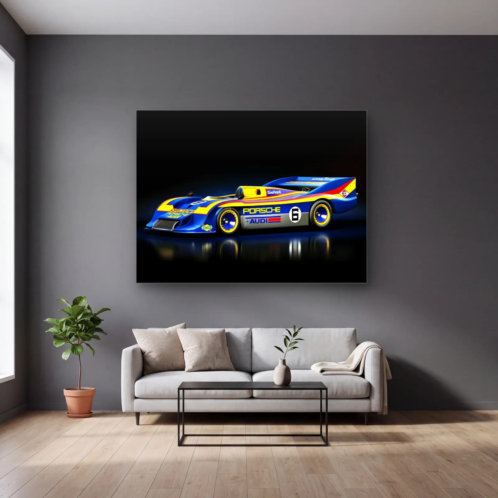 Porsche 917/30 Yarış Otomobili cam tablo — gri duvarlı salonda