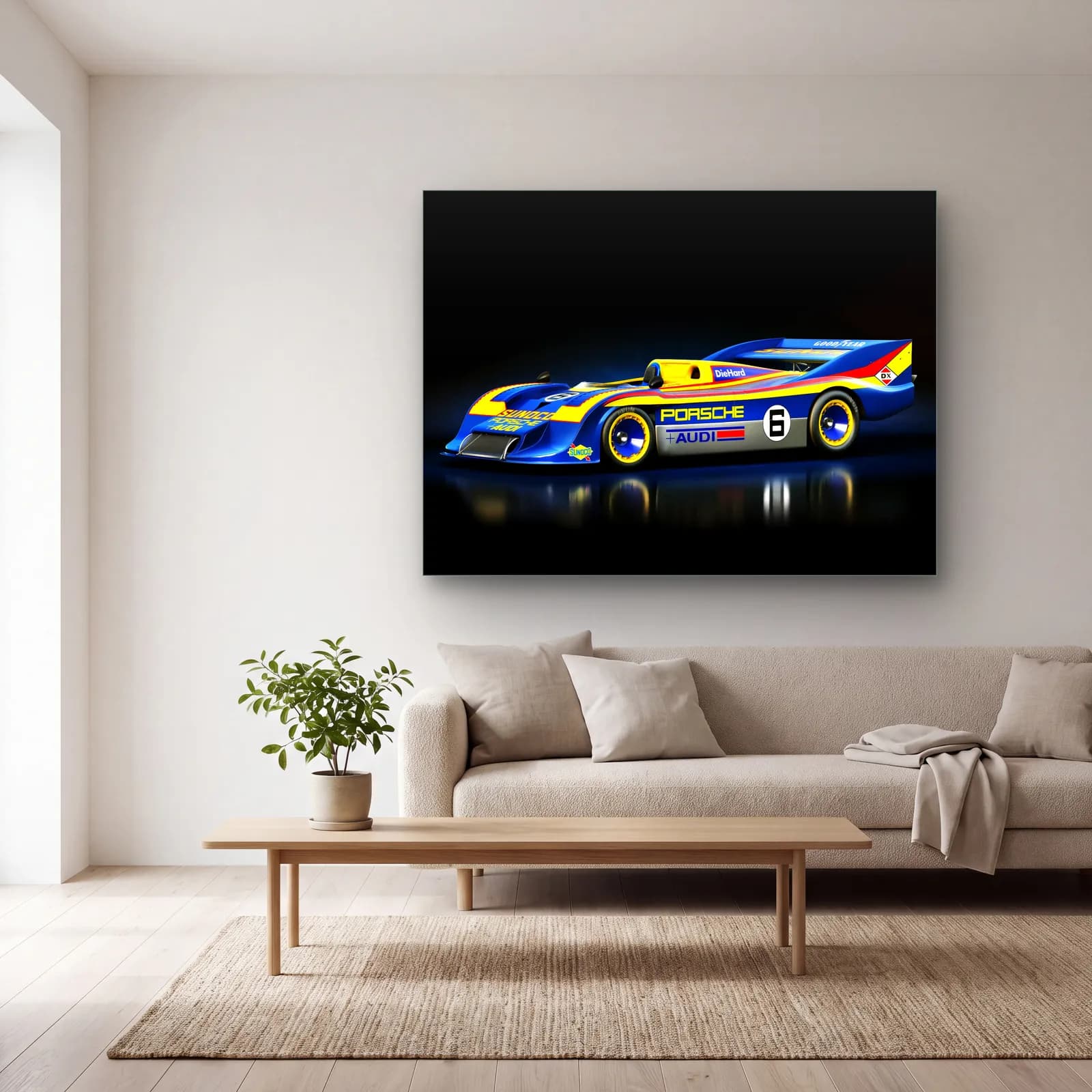 Porsche 917/30 Yarış Otomobili cam tablo — açık renk salonda