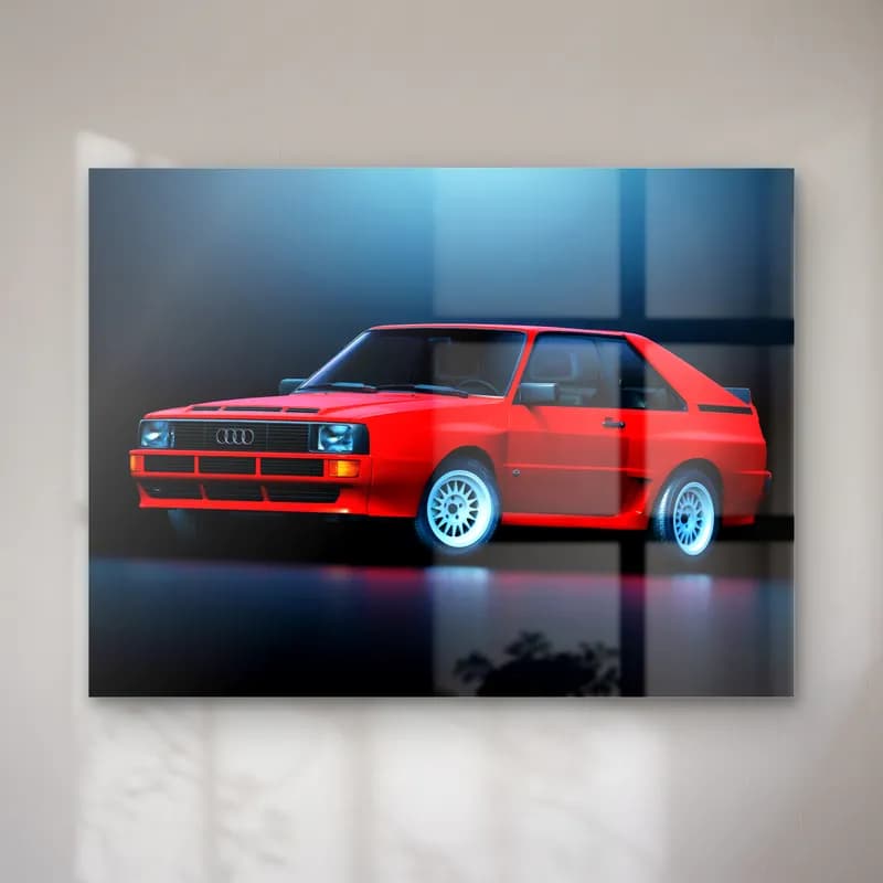 Kırmızı Audi Sport Quattro cam tablo — Mavi siyah fonda çapraz açıdan görünen kırmızı Audi Sport Quattro