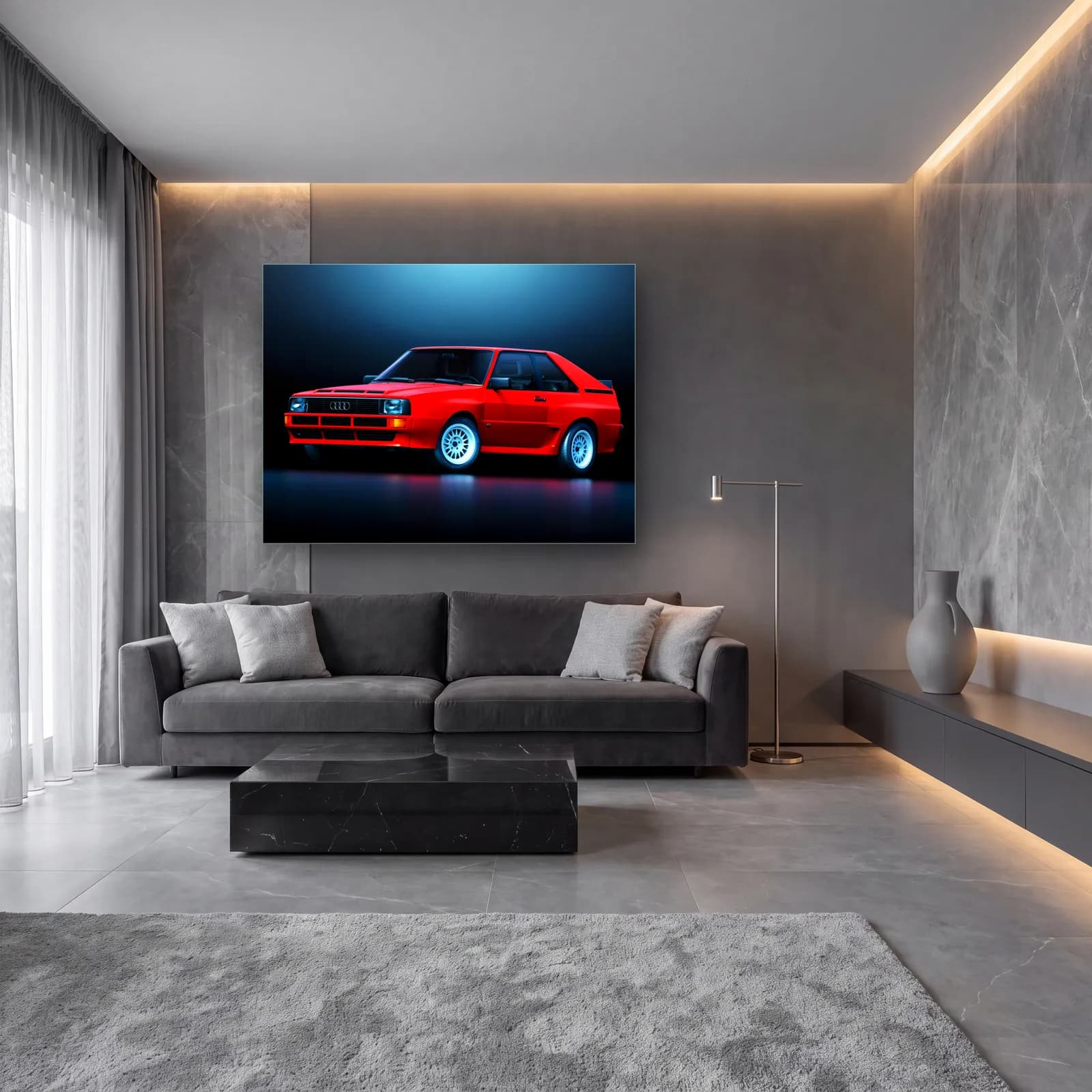 Kırmızı Audi Sport Quattro cam tablo — lüks salon duvarında