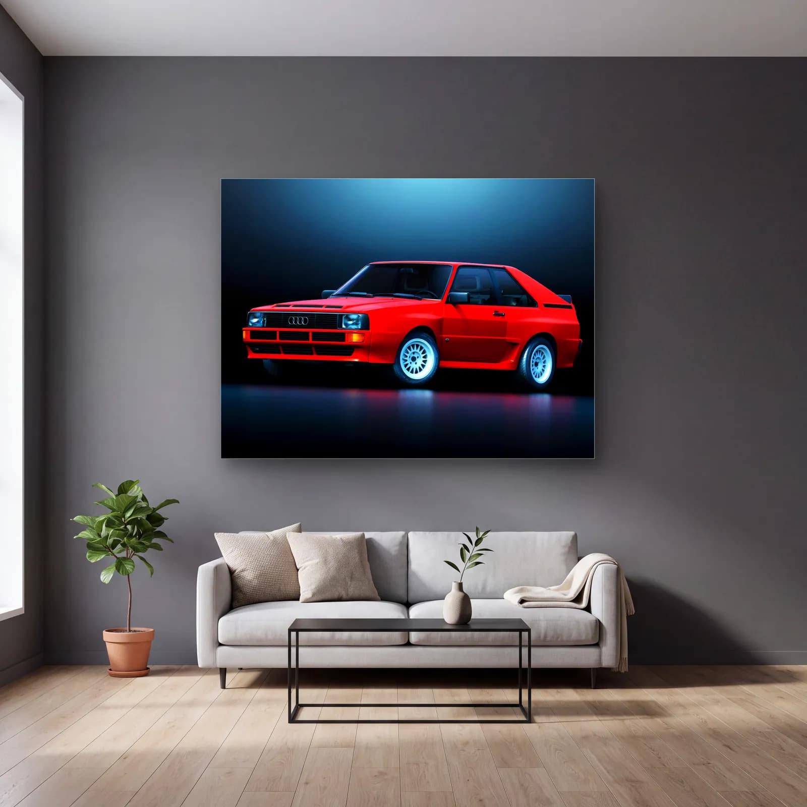 Kırmızı Audi Sport Quattro cam tablo — gri duvarlı salonda