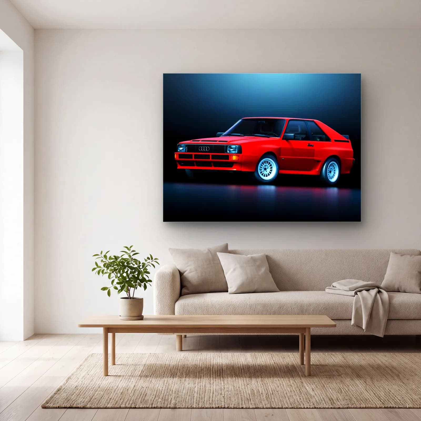 Kırmızı Audi Sport Quattro cam tablo — açık renk salonda