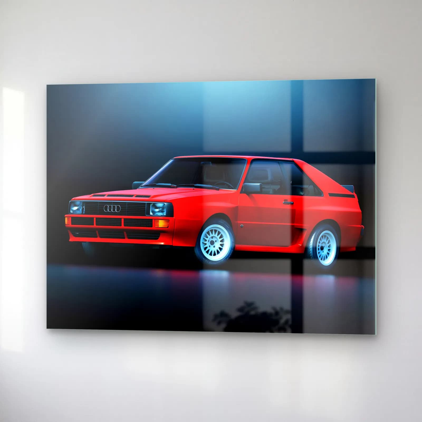 Kırmızı Audi Sport Quattro cam tablo — sağ açıdan görünüm