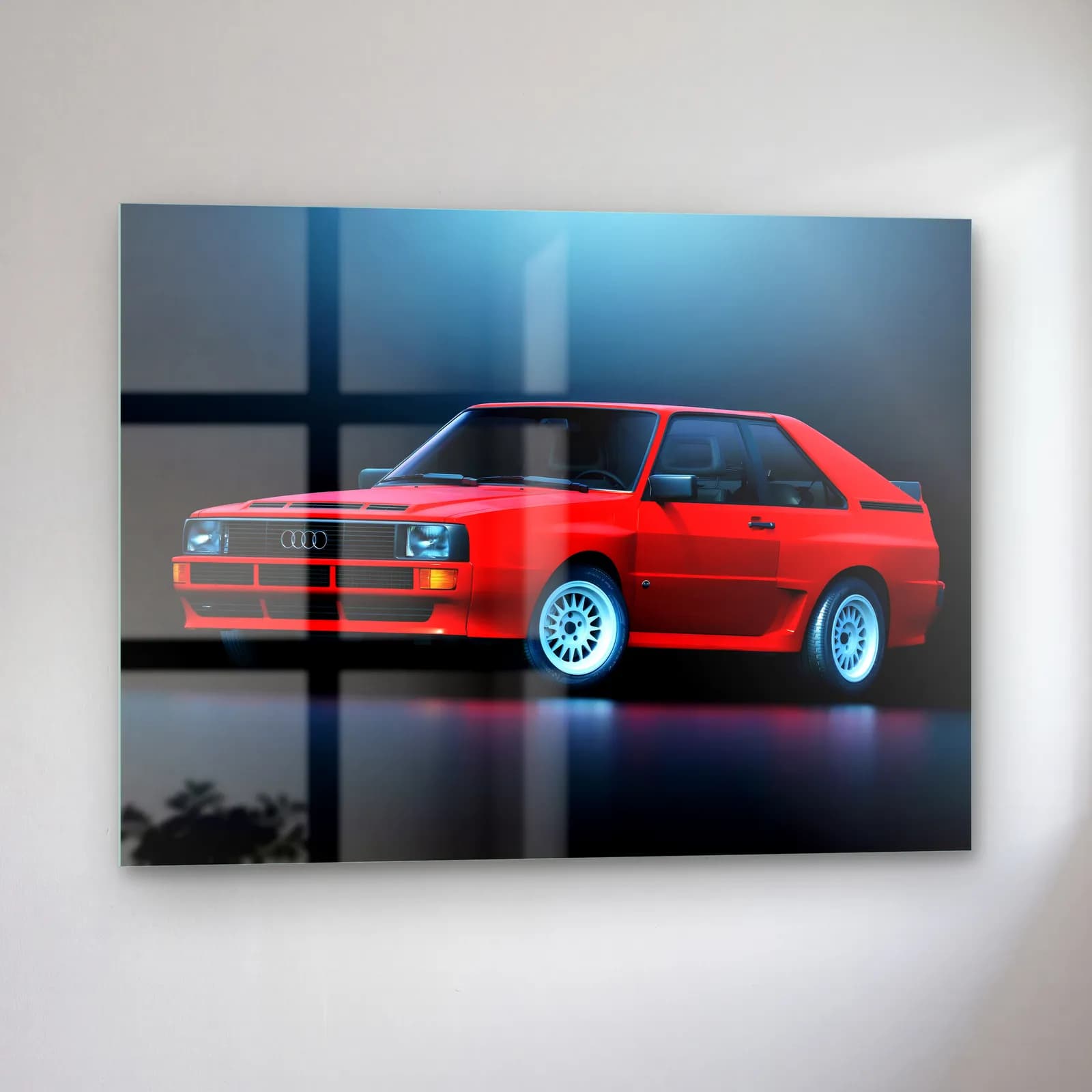 Kırmızı Audi Sport Quattro cam tablo — sol açıdan görünüm