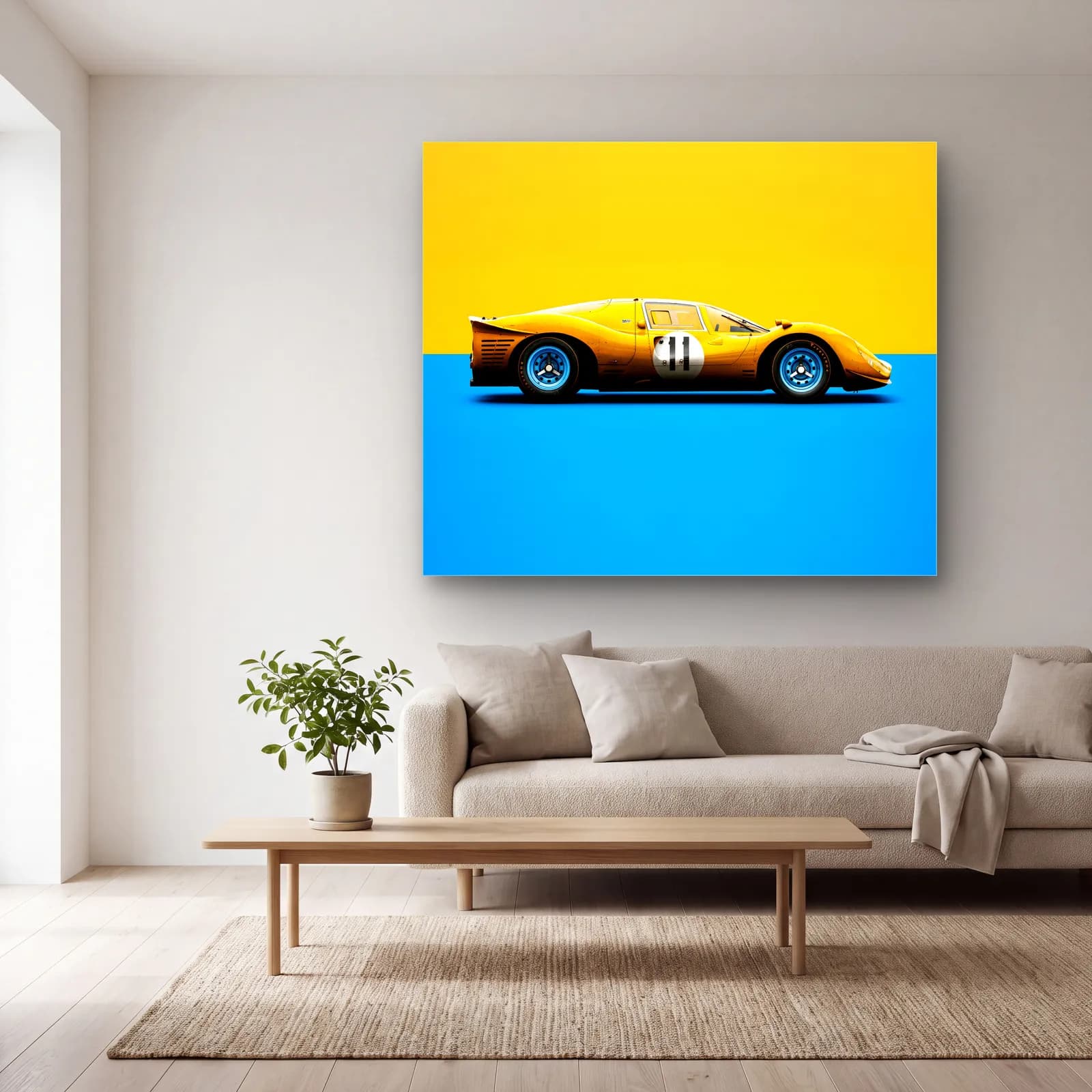 Sarı Ferrari 330 P4 cam tablo — açık renk salonda