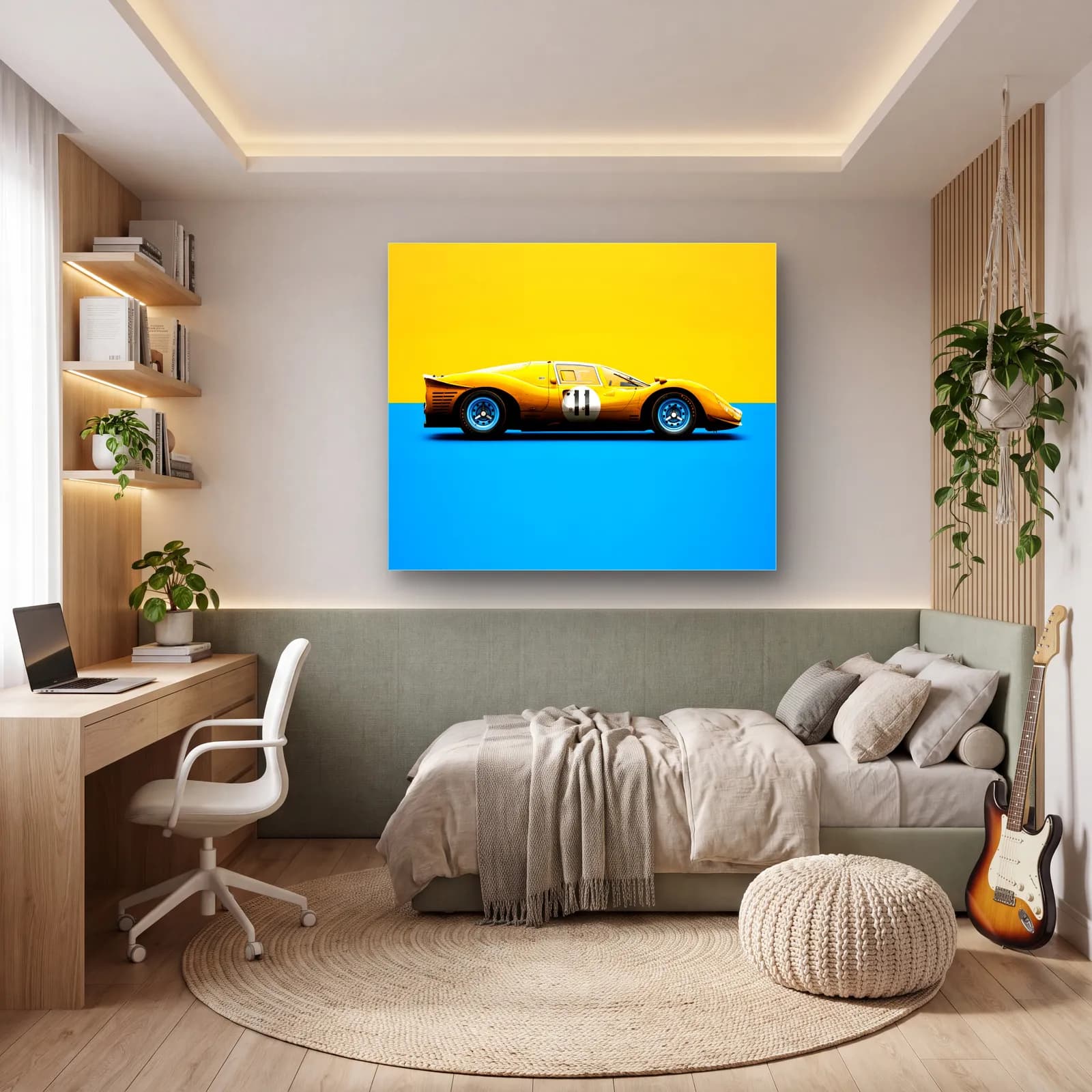 Sarı Ferrari 330 P4 cam tablo — genç odasında