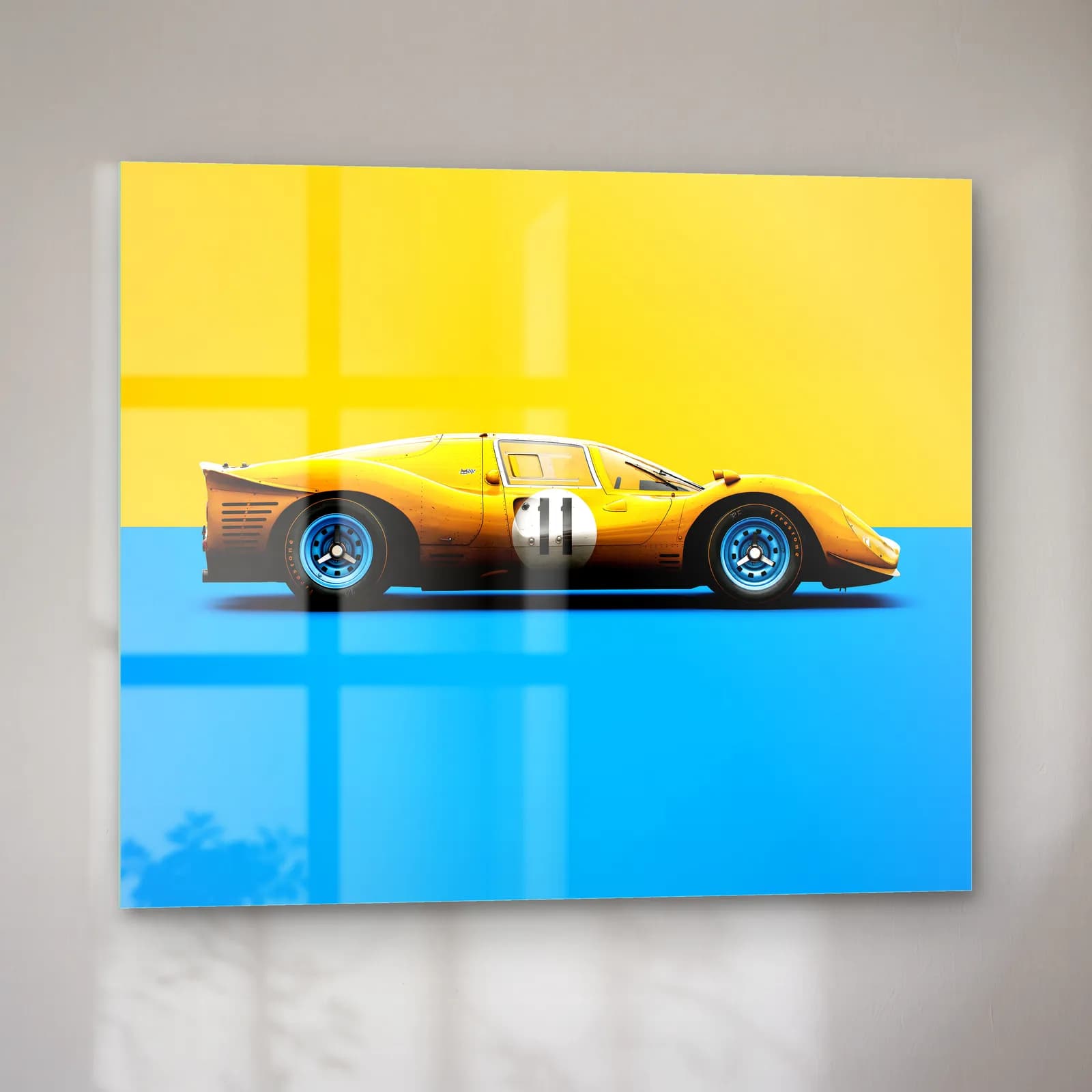 Sarı Ferrari 330 P4 cam tablo — sol açıdan görünüm