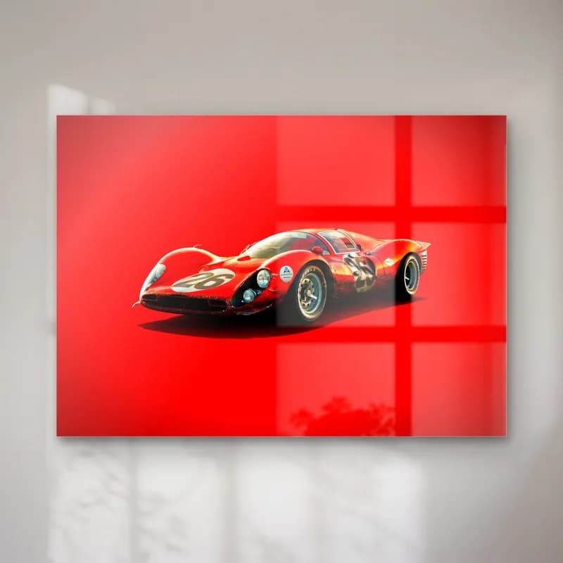 Kırmızı Ferrari 330 P4 cam tablo — Kırmızı fonda çapraz açıdan görünen kırmızı klasik Ferrari yarış prototipi