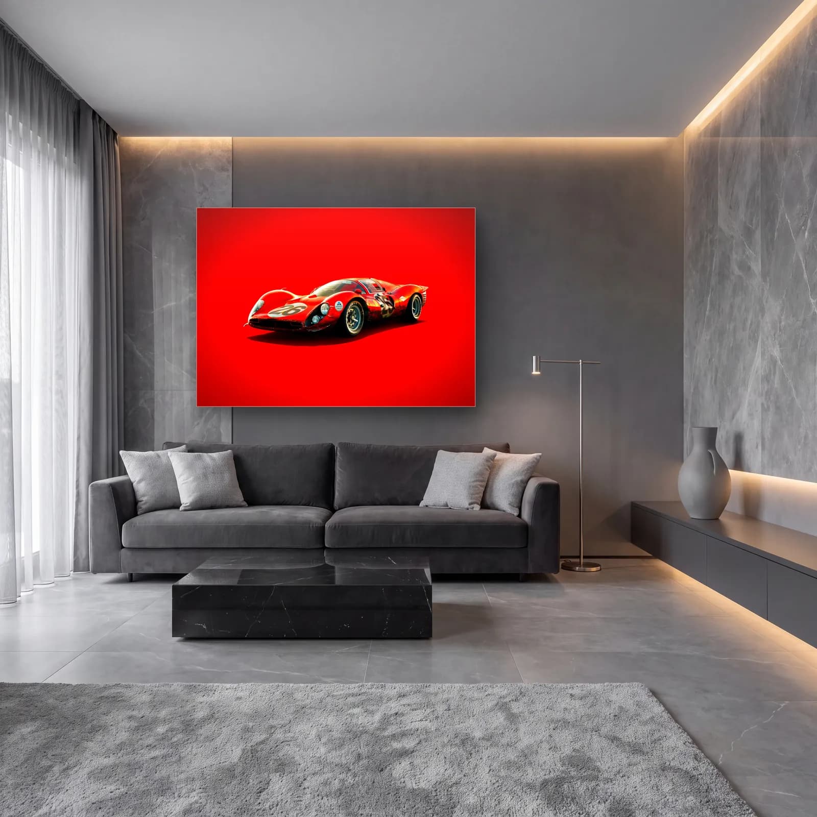 Kırmızı Ferrari 330 P4 cam tablo — lüks salon duvarında