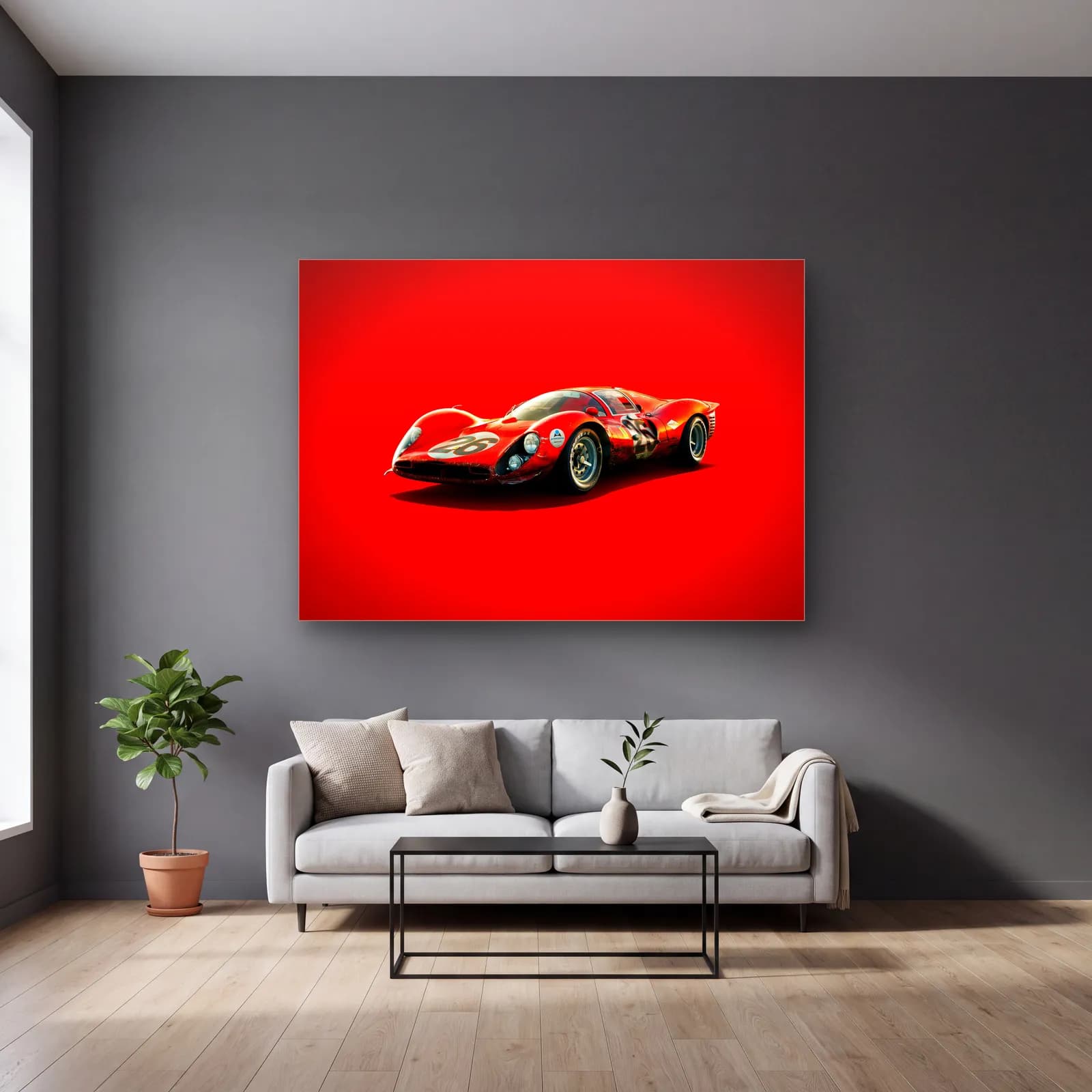 Kırmızı Ferrari 330 P4 cam tablo — gri duvarlı salonda