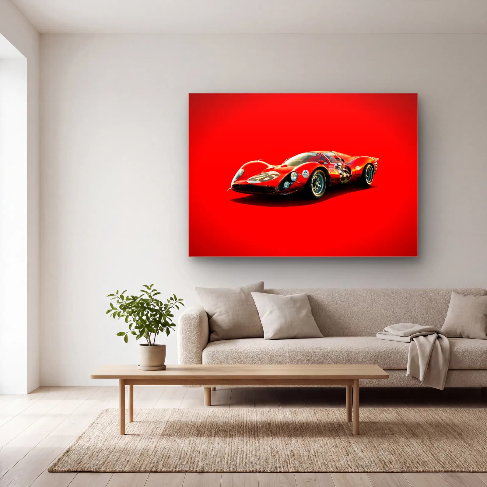 Kırmızı Ferrari 330 P4 cam tablo — açık renk salonda