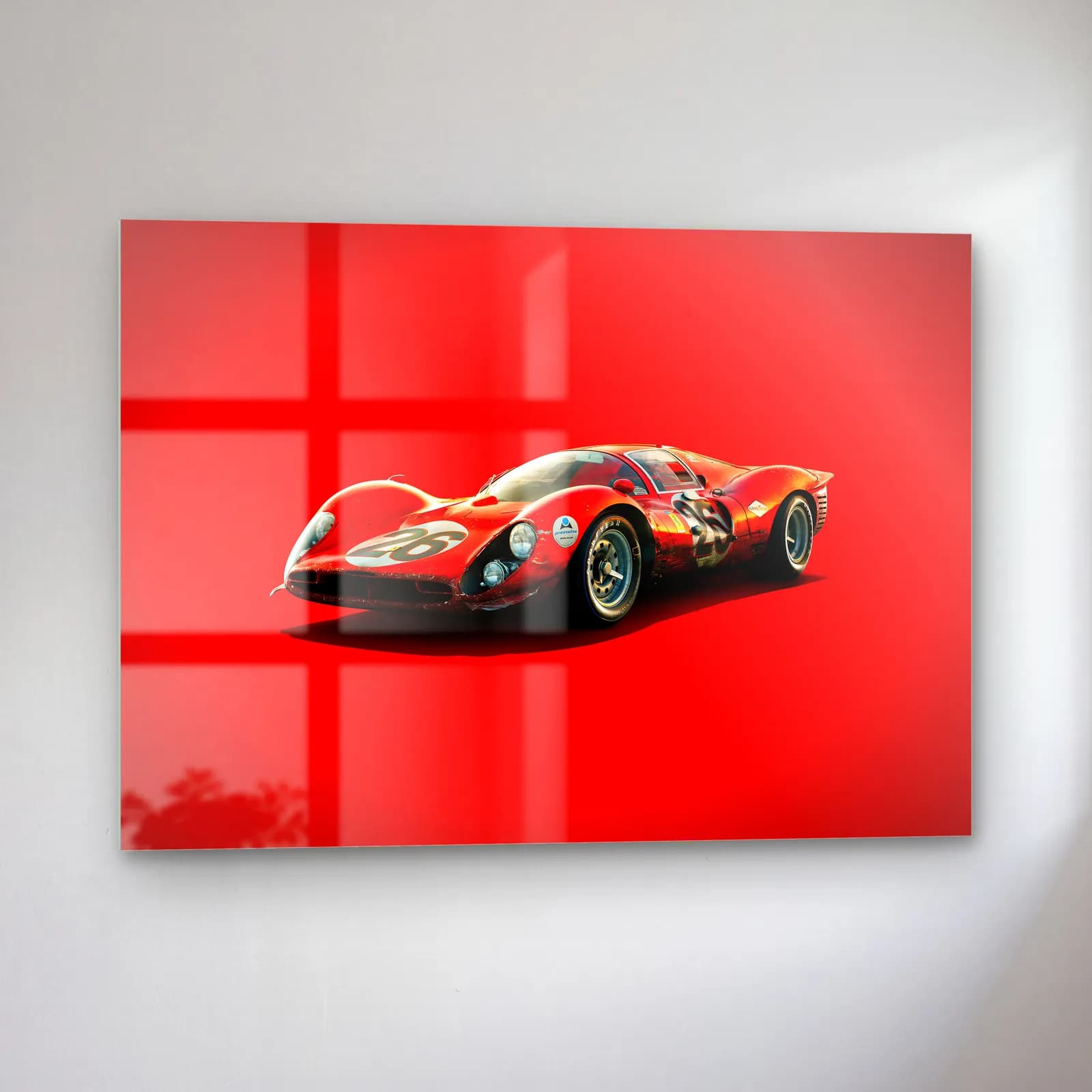 Kırmızı Ferrari 330 P4 cam tablo — sol açıdan görünüm