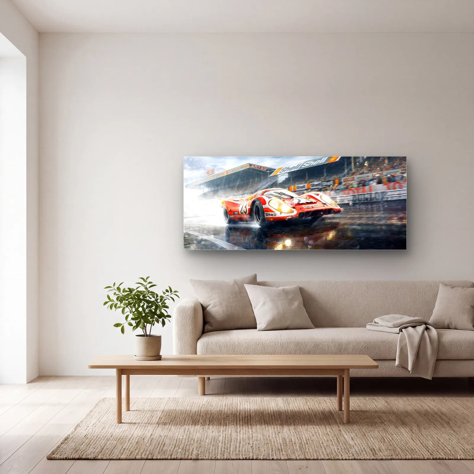 Yağmurda Porsche 917 Le Mans cam tablo — açık renk salonda